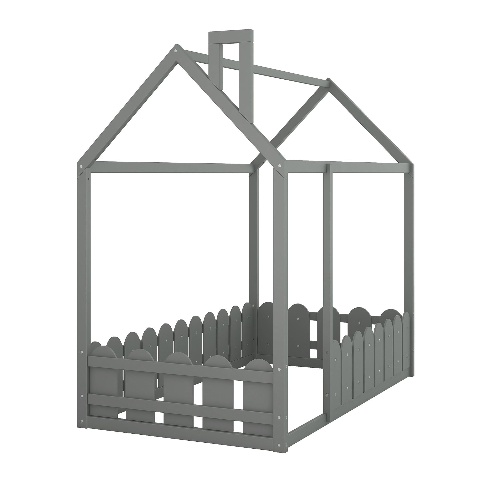 Kids Shared Room Twin Size Wood House Bed Frame with Safety Fence, Espresso Gray White | Just Better Bunk Beds