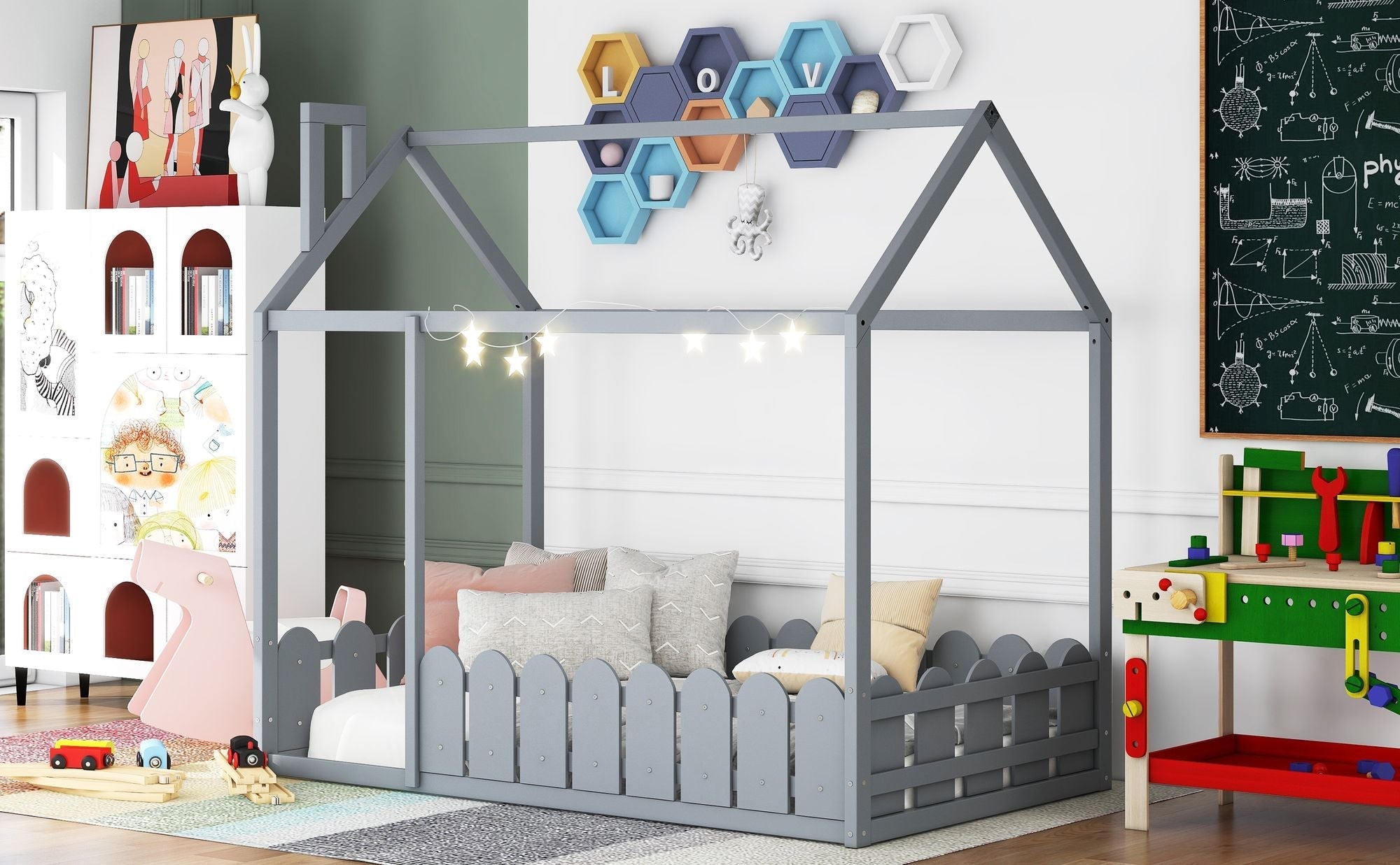 Kids Shared Room Twin Size Wood House Bed Frame with Safety Fence, Espresso Gray White | Just Better Bunk Beds