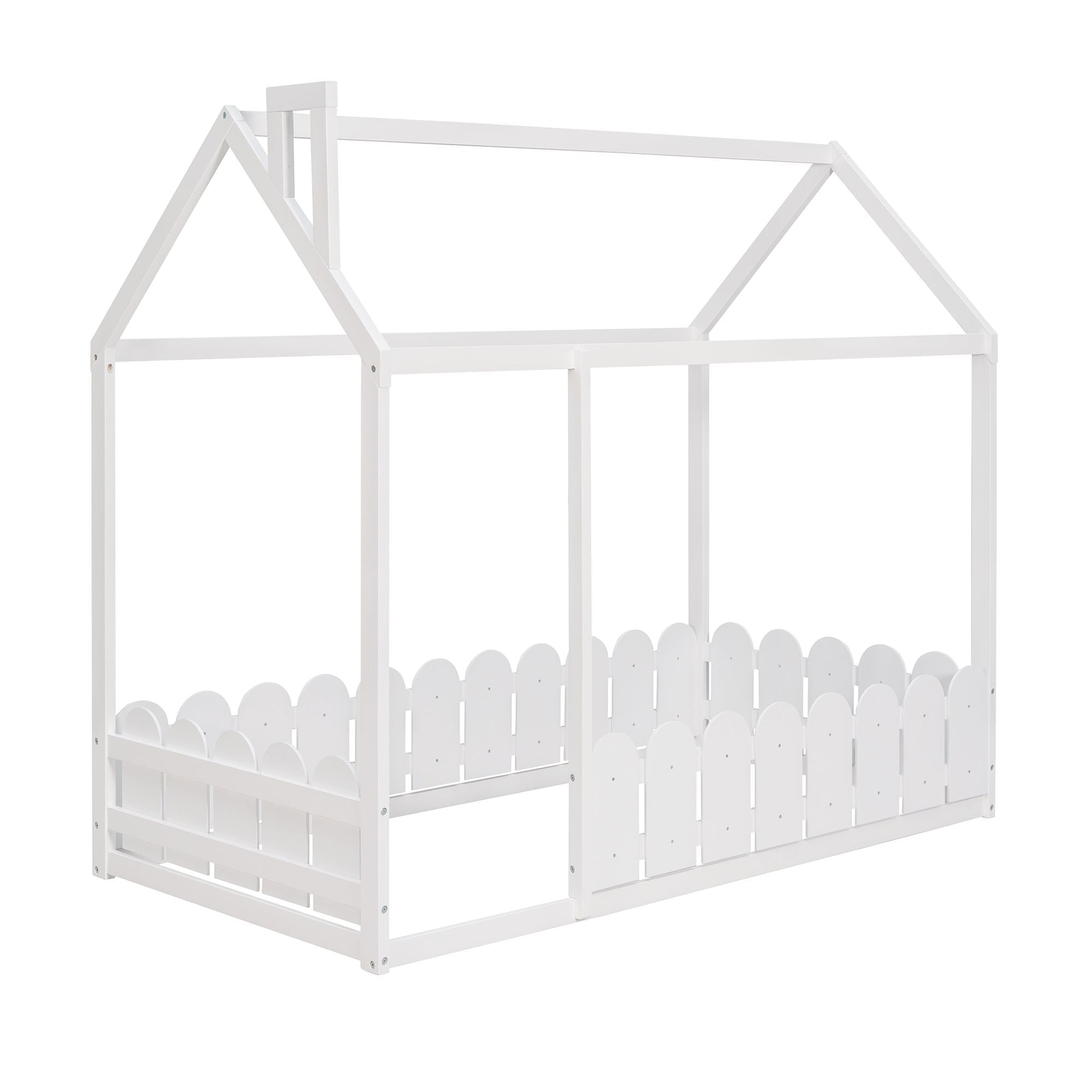 Kids Shared Room Twin Size Wood House Bed Frame with Safety Fence, Espresso Gray White | Just Better Bunk Beds