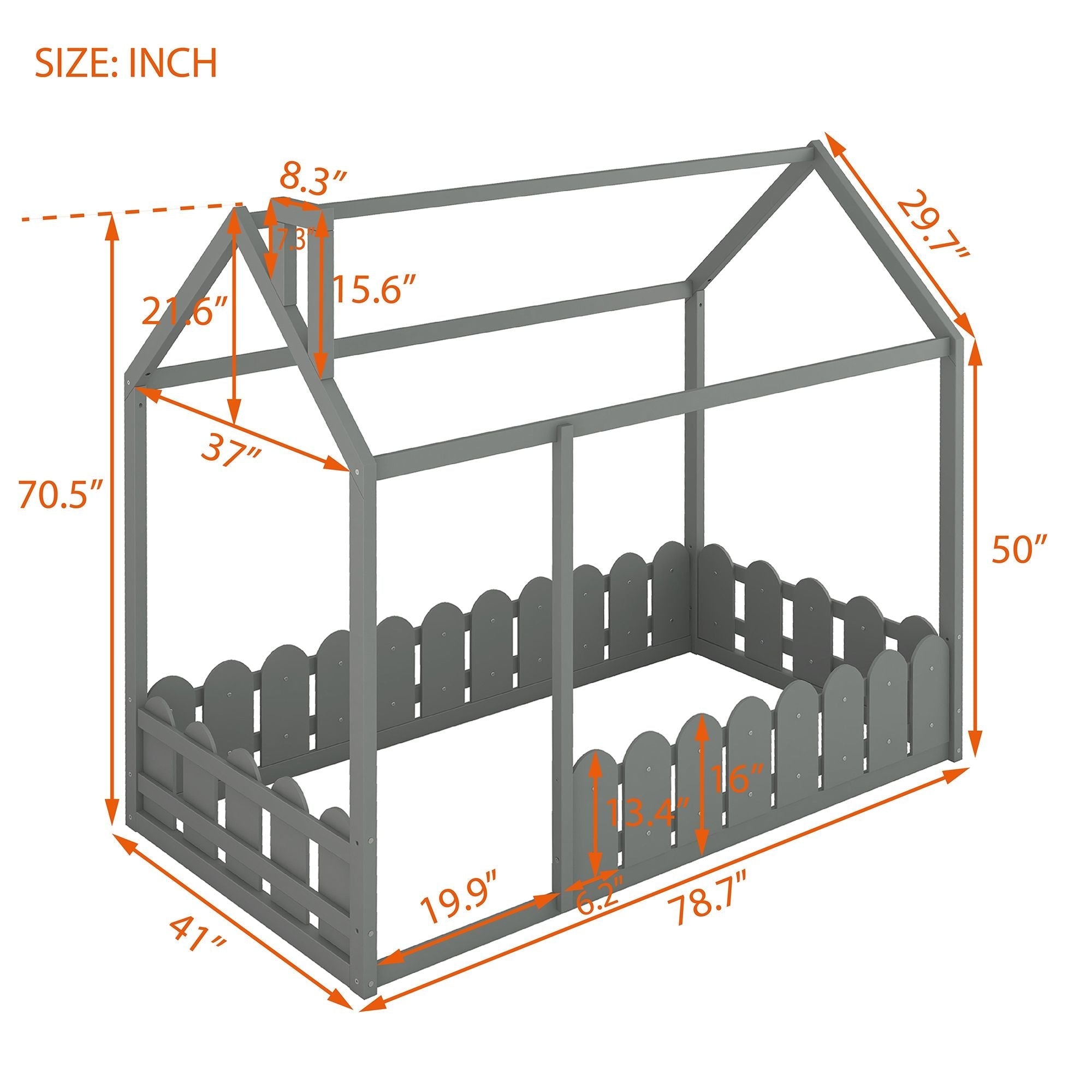 Kids Shared Room Twin Size Wood House Bed Frame with Safety Fence, Espresso Gray White | Just Better Bunk Beds
