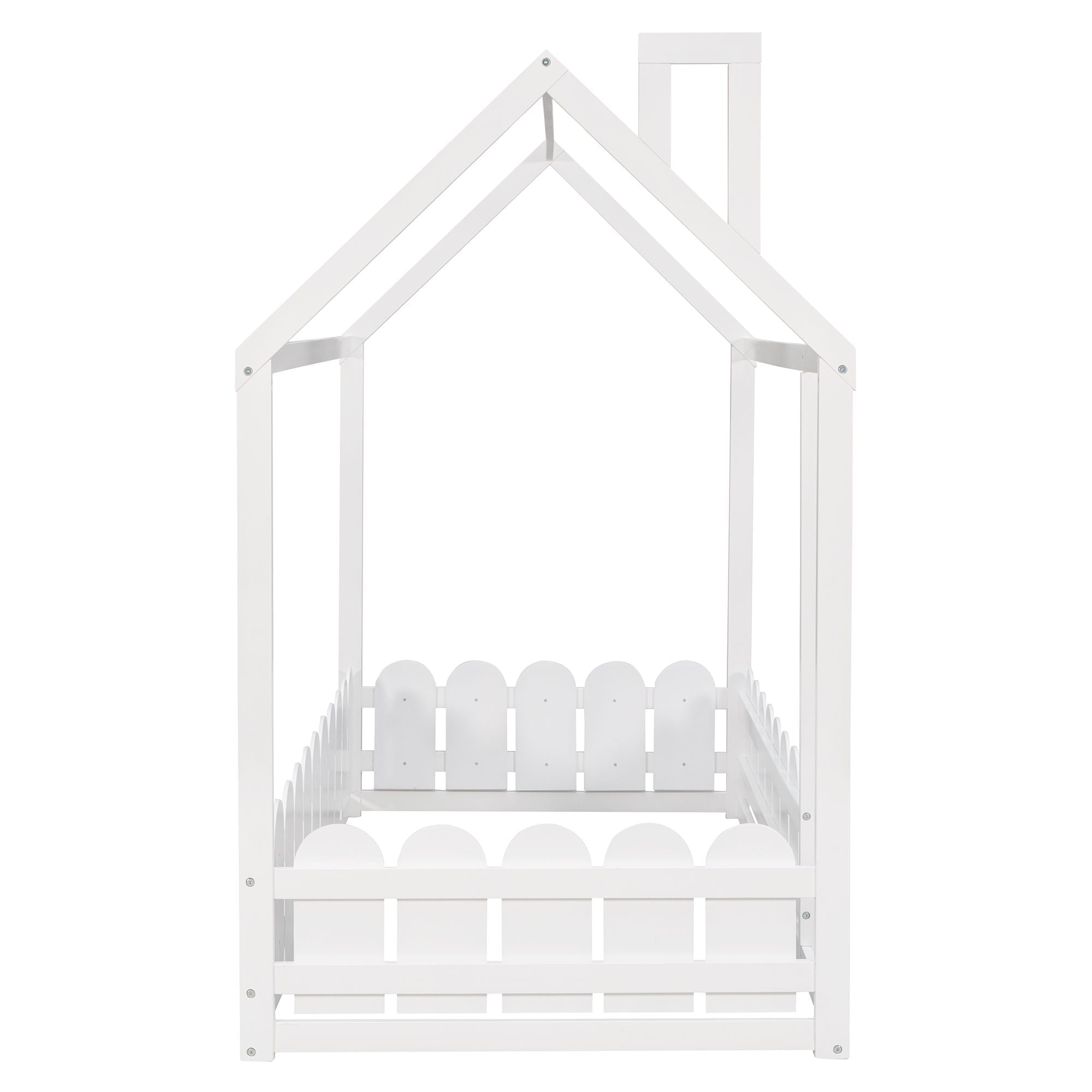 Kids Shared Room Twin Size Wood House Bed Frame with Safety Fence, Espresso Gray White | Just Better Bunk Beds