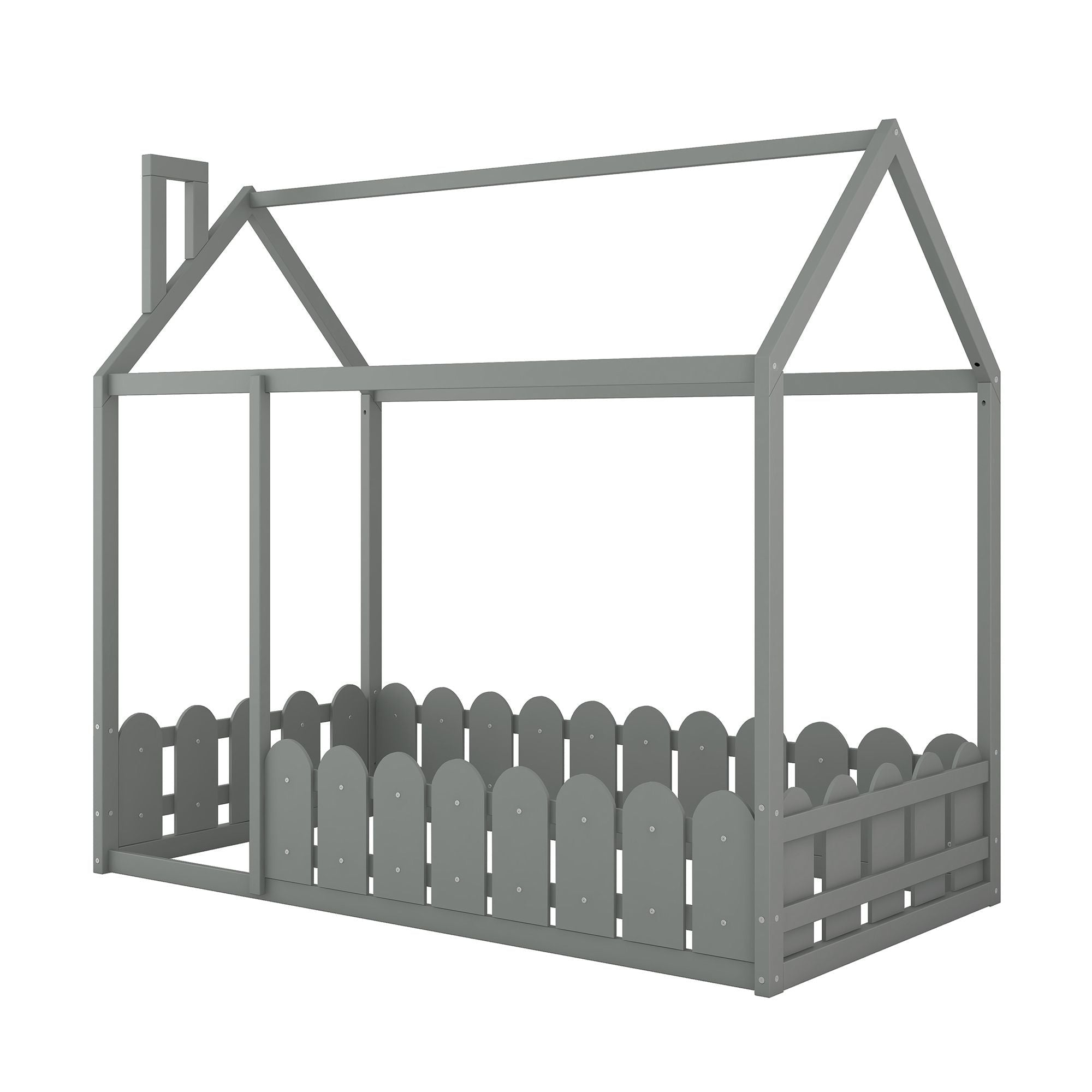 Kids Shared Room Twin Size Wood House Bed Frame with Safety Fence, Espresso Gray White | Just Better Bunk Beds