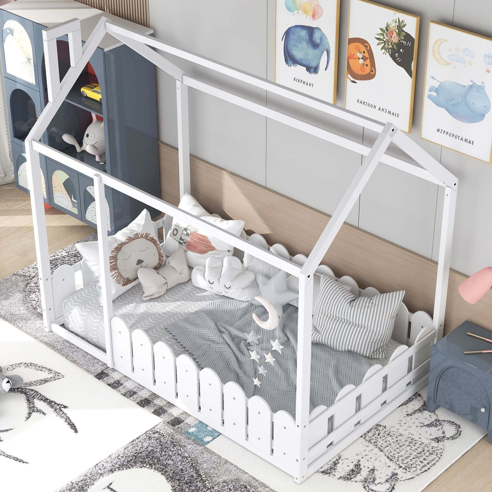 Kids Shared Room Twin Size Wood House Bed Frame with Safety Fence, Espresso Gray White | Just Better Bunk Beds