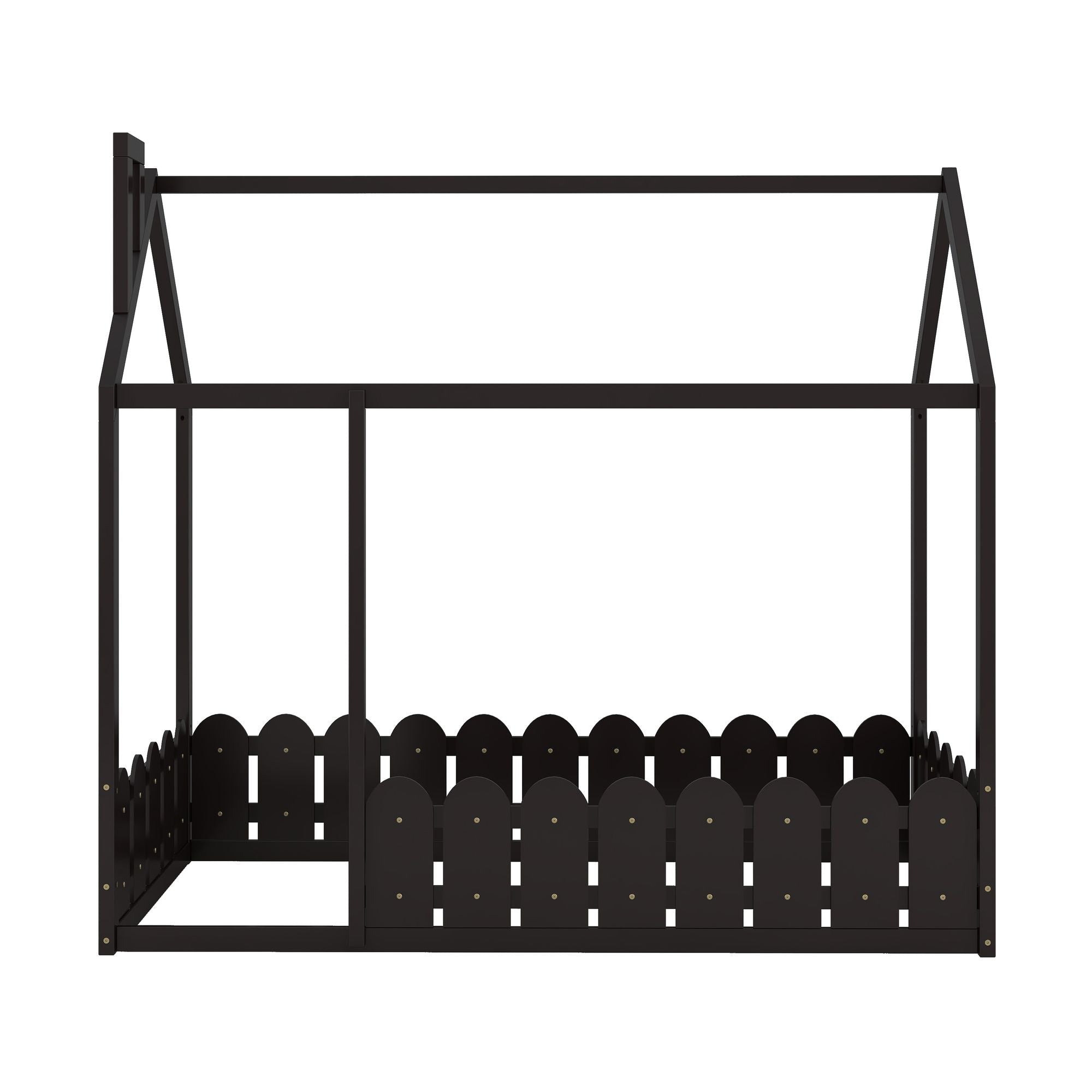 Kids Shared Room Twin Size Wood House Bed Frame with Safety Fence, Espresso Gray White | Just Better Bunk Beds