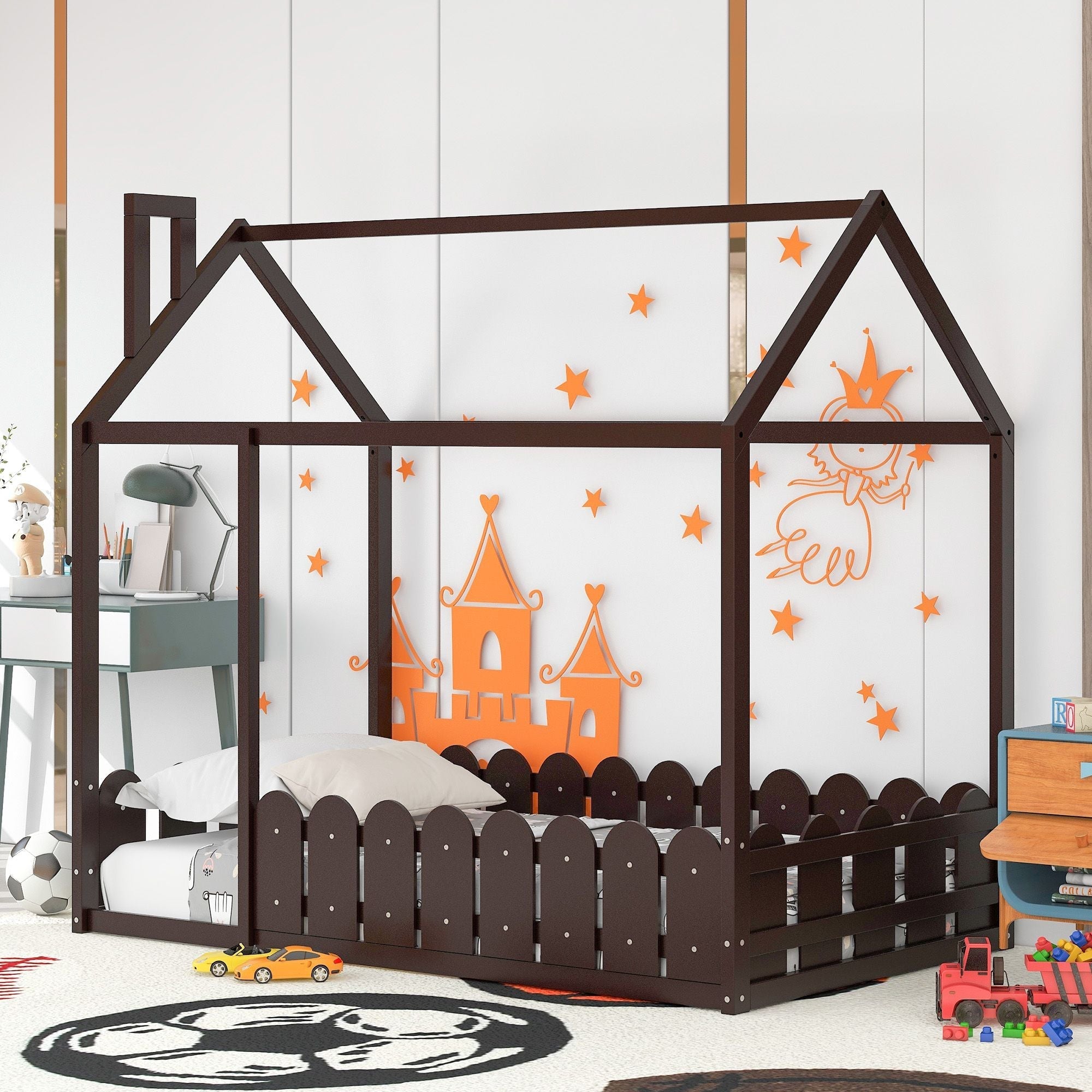Kids Shared Room Twin Size Wood House Bed Frame with Safety Fence, Espresso Gray White | Just Better Bunk Beds