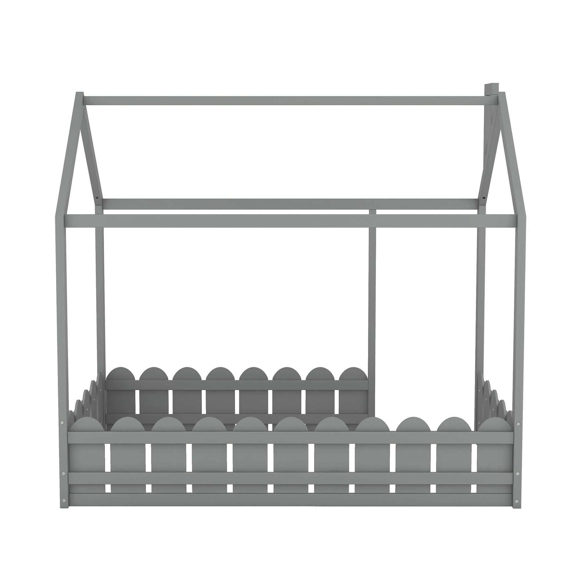 Kids Shared Room Twin Size Wood House Bed Frame with Safety Fence, Espresso Gray White | Just Better Bunk Beds