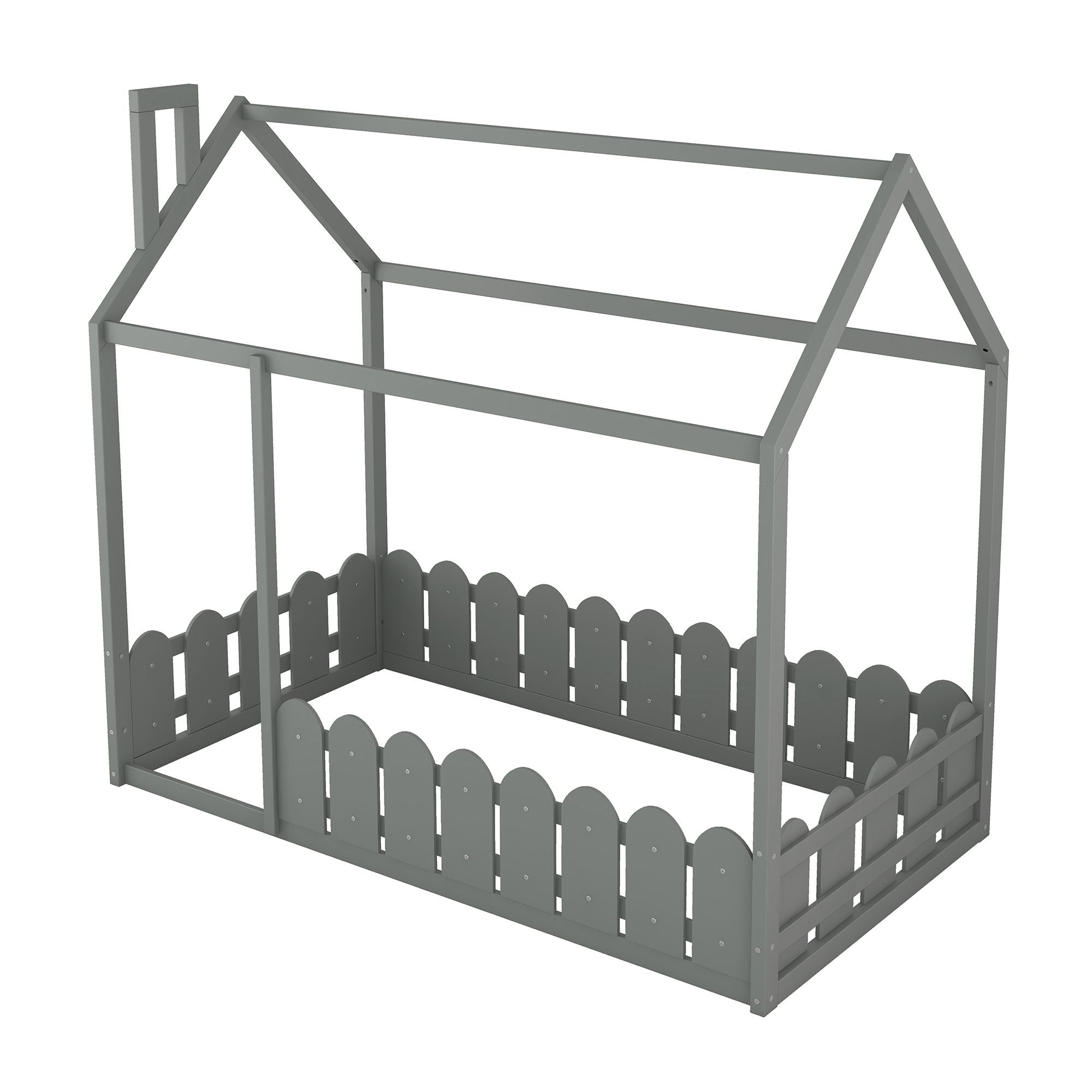 Kids Shared Room Twin Size Wood House Bed Frame with Safety Fence, Espresso Gray White | Just Better Bunk Beds