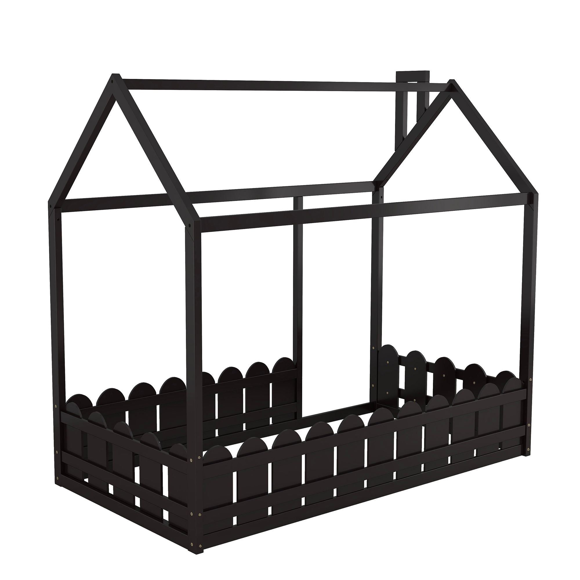 Kids Shared Room Twin Size Wood House Bed Frame with Safety Fence, Espresso Gray White | Just Better Bunk Beds