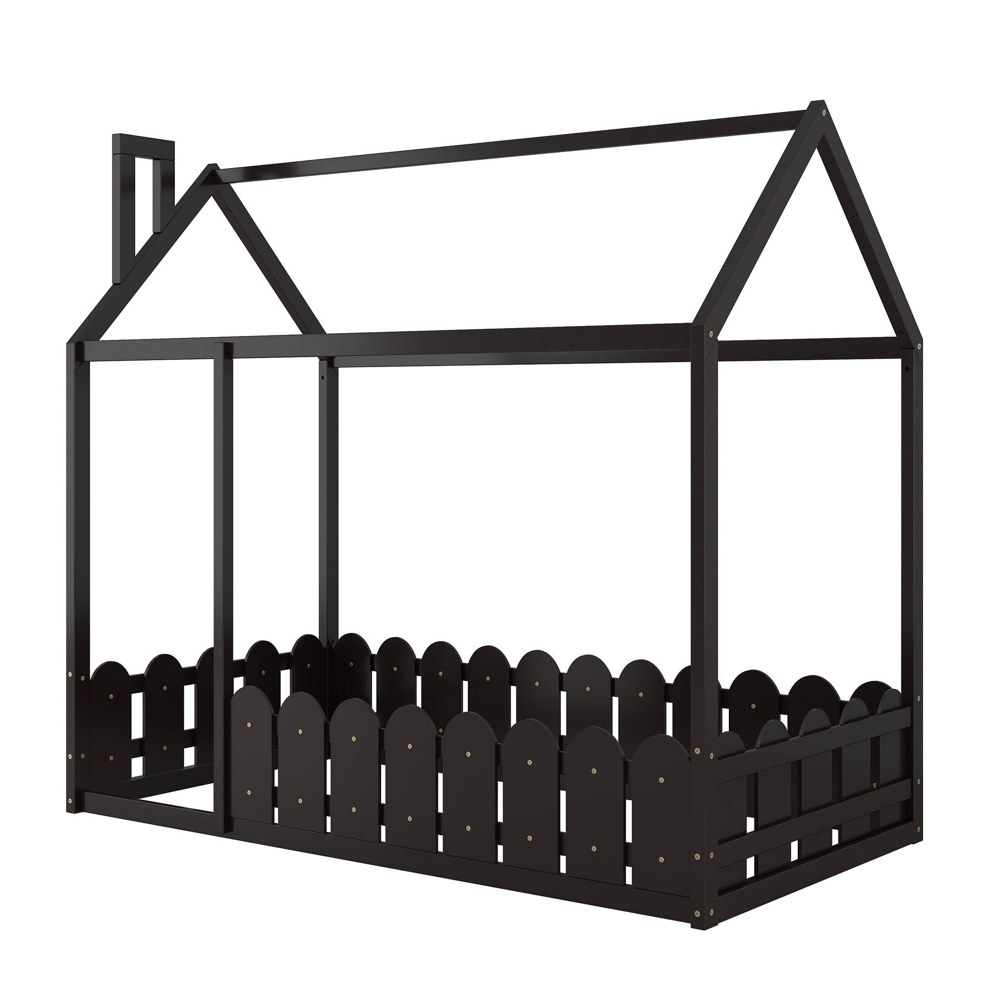Kids Shared Room Twin Size Wood House Bed Frame with Safety Fence, Espresso Gray White | Just Better Bunk Beds