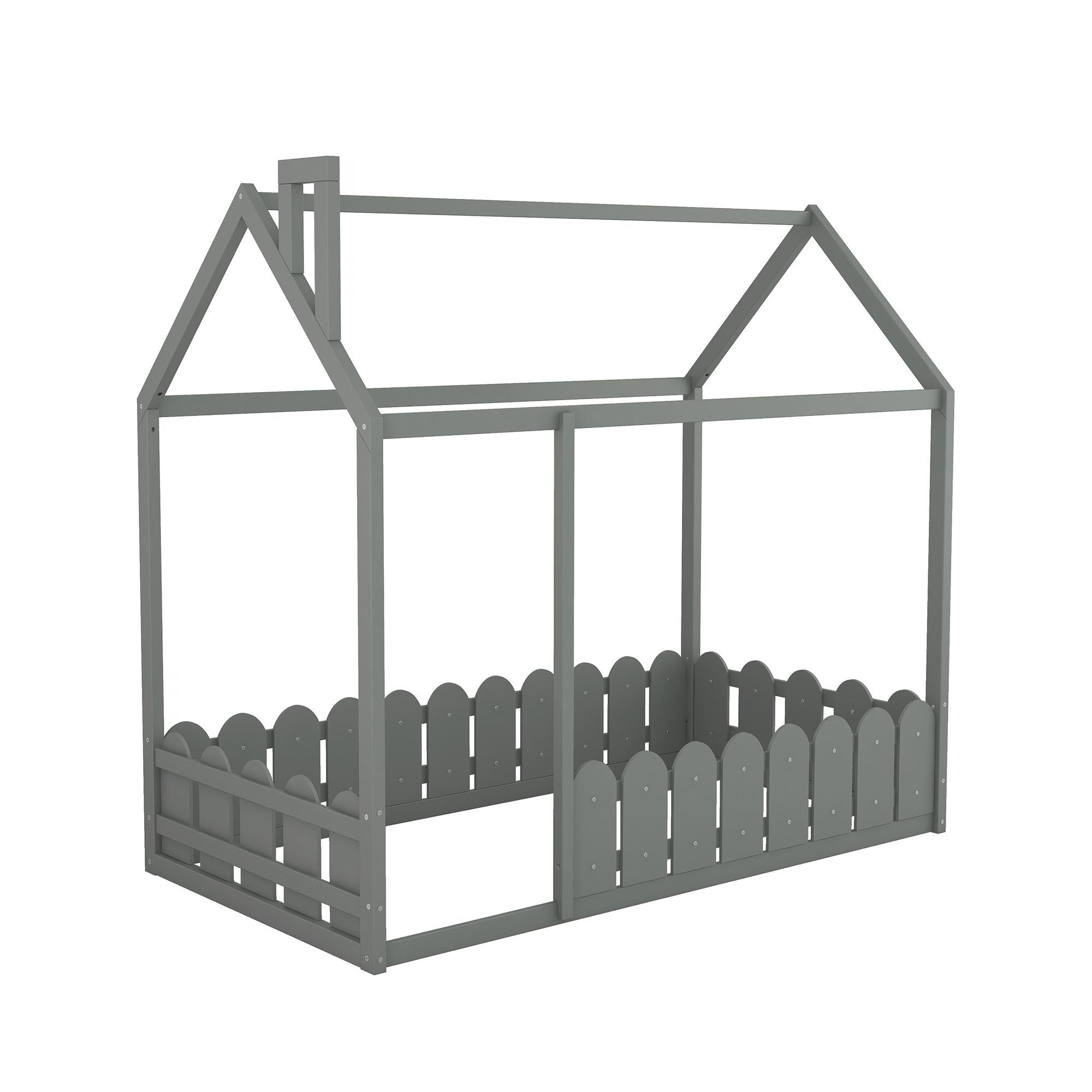 Kids Shared Room Twin Size Wood House Bed Frame with Safety Fence, Espresso Gray White | Just Better Bunk Beds