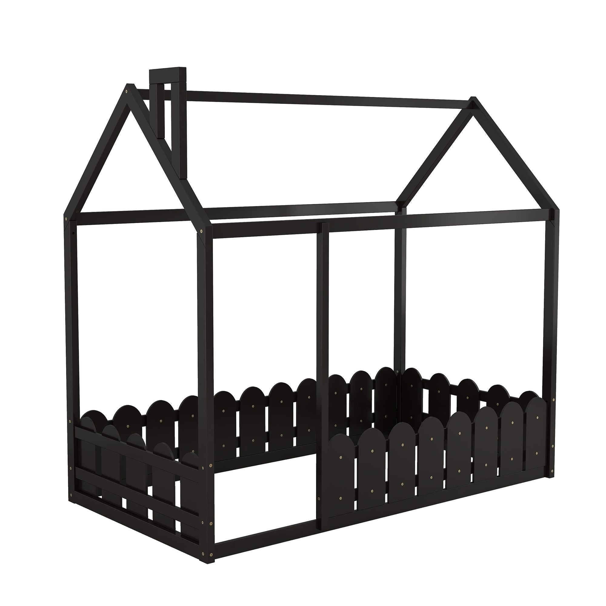 Kids Shared Room Twin Size Wood House Bed Frame with Safety Fence, Espresso Gray White | Just Better Bunk Beds