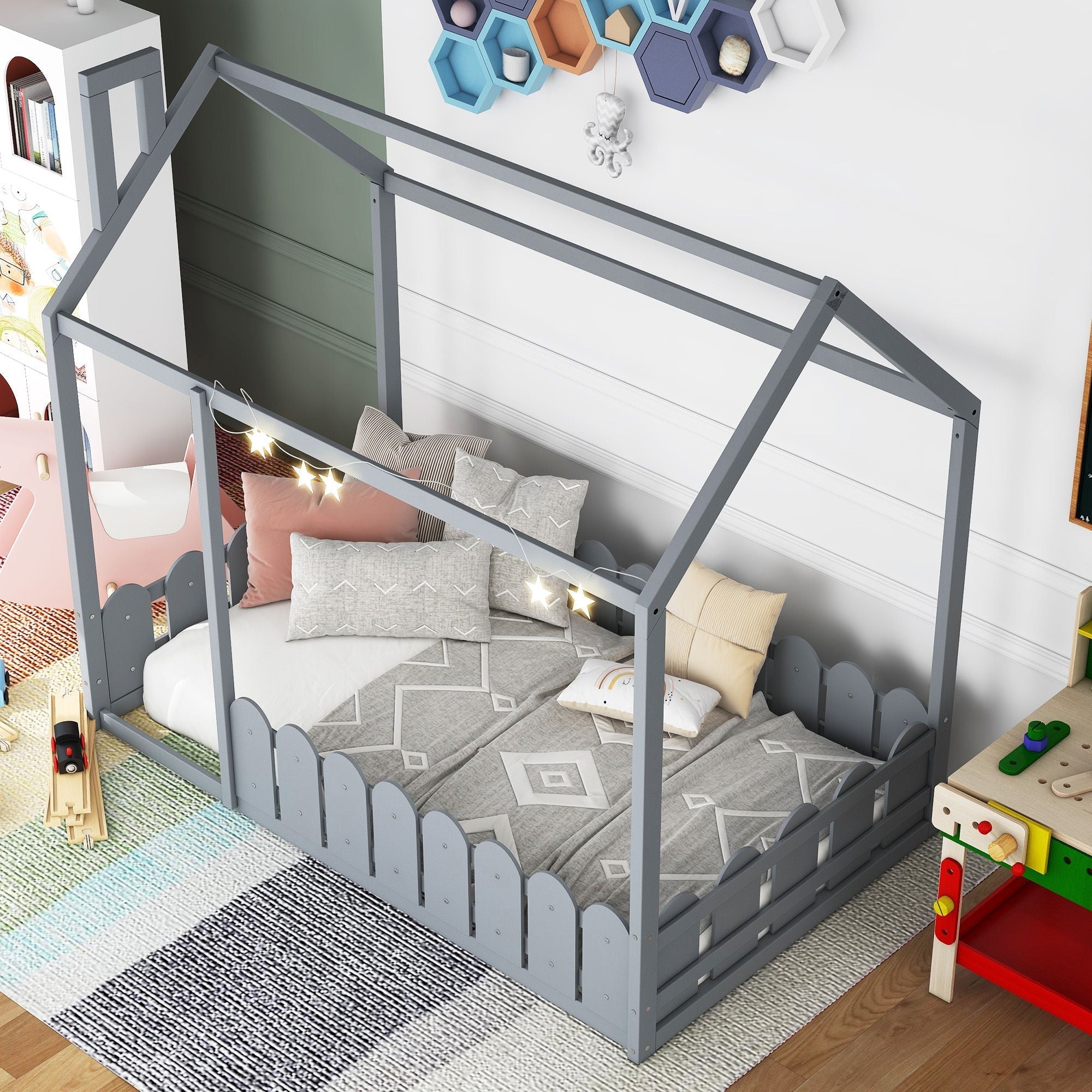 Kids Shared Room Twin Size Wood House Bed Frame with Safety Fence, Espresso Gray White | Just Better Bunk Beds