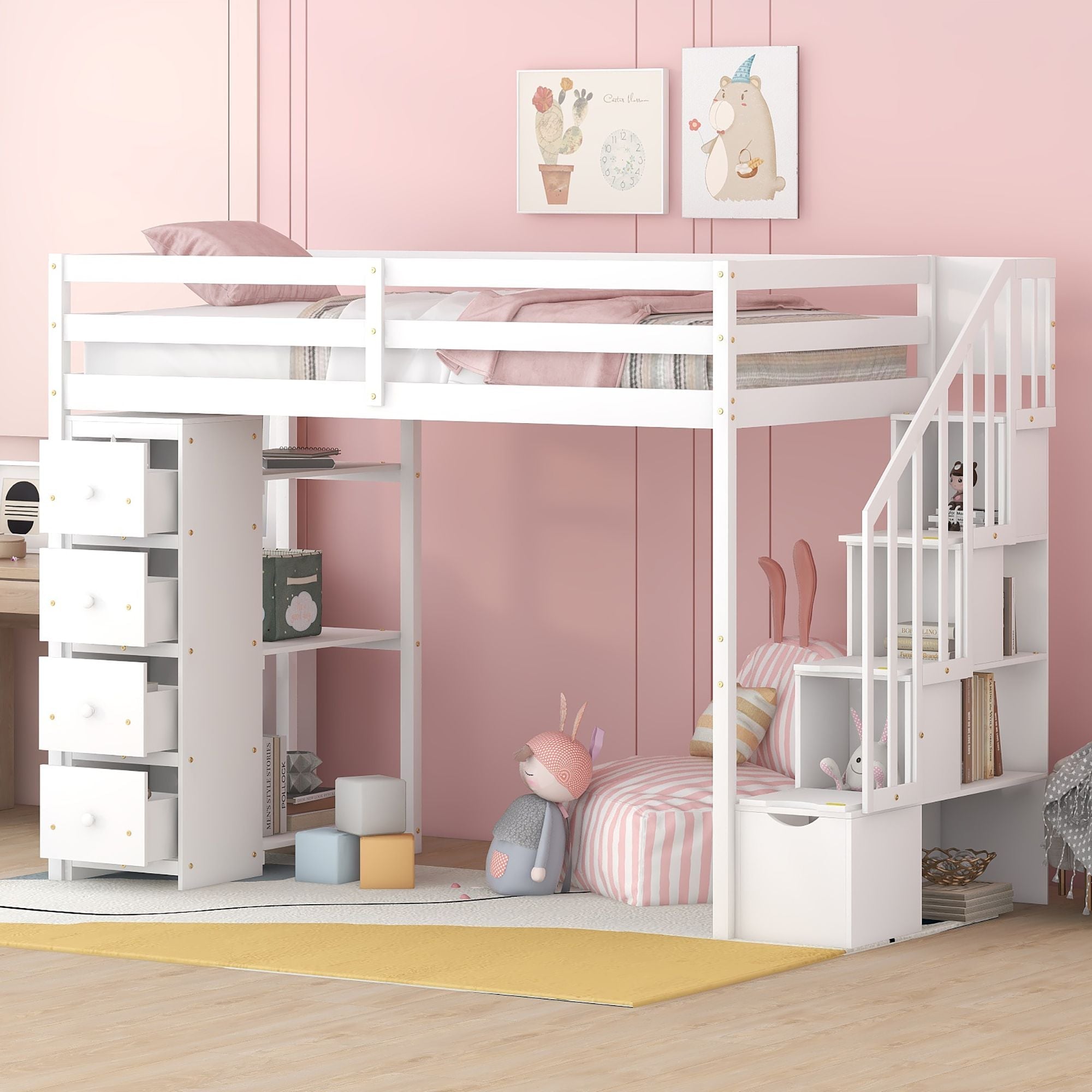 Kids Shared Room Twin Wood Loft Bed with Storage Drawers and Stairs, Espresso, White, or Gray | Just Better Bunk Beds