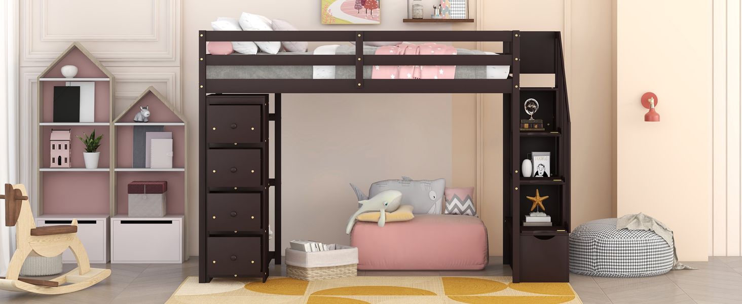 Kids Shared Room Twin Wood Loft Bed with Storage Drawers and Stairs, Espresso, White, or Gray | Just Better Bunk Beds