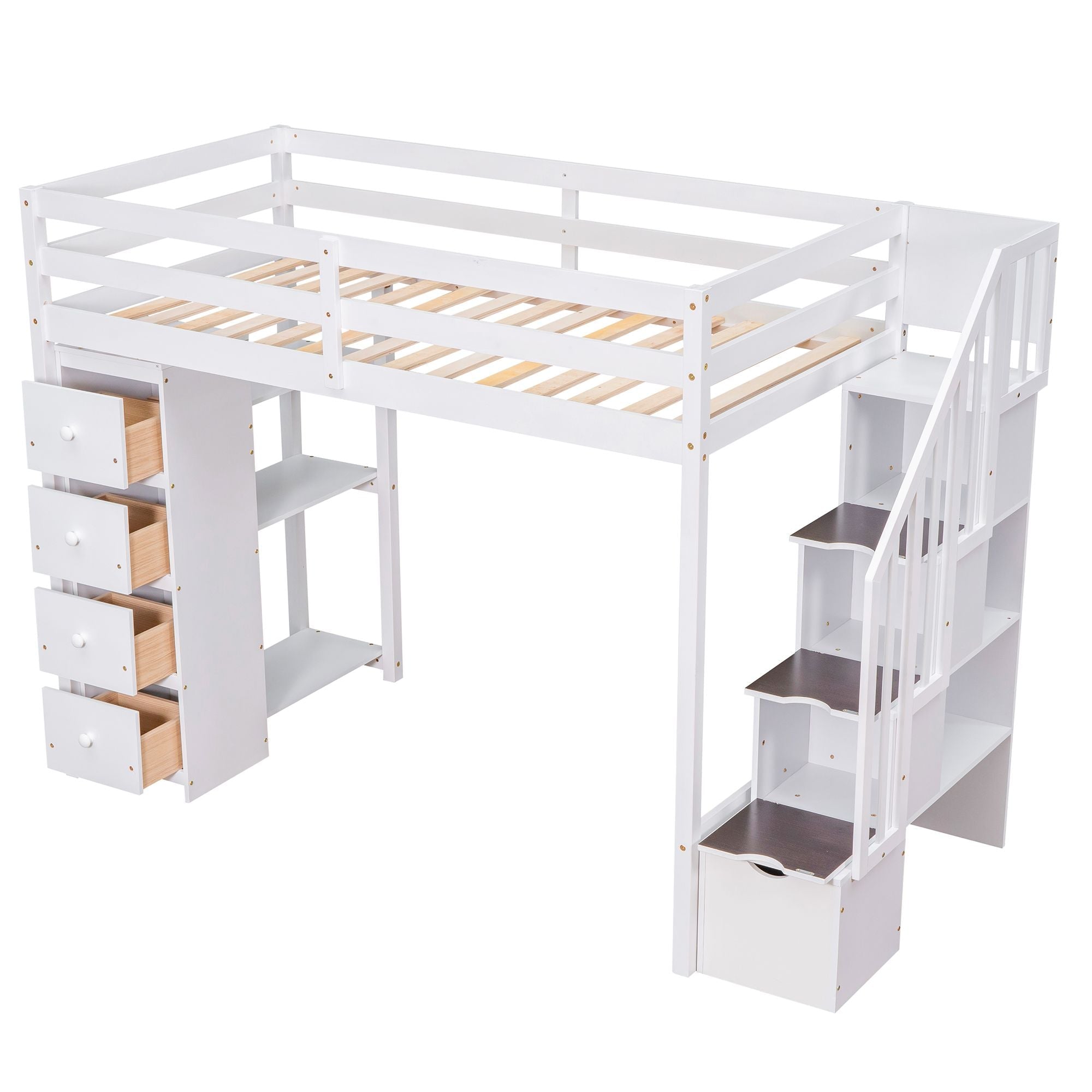 Kids Shared Room Twin Wood Loft Bed with Storage Drawers and Stairs, Espresso, White, or Gray | Just Better Bunk Beds