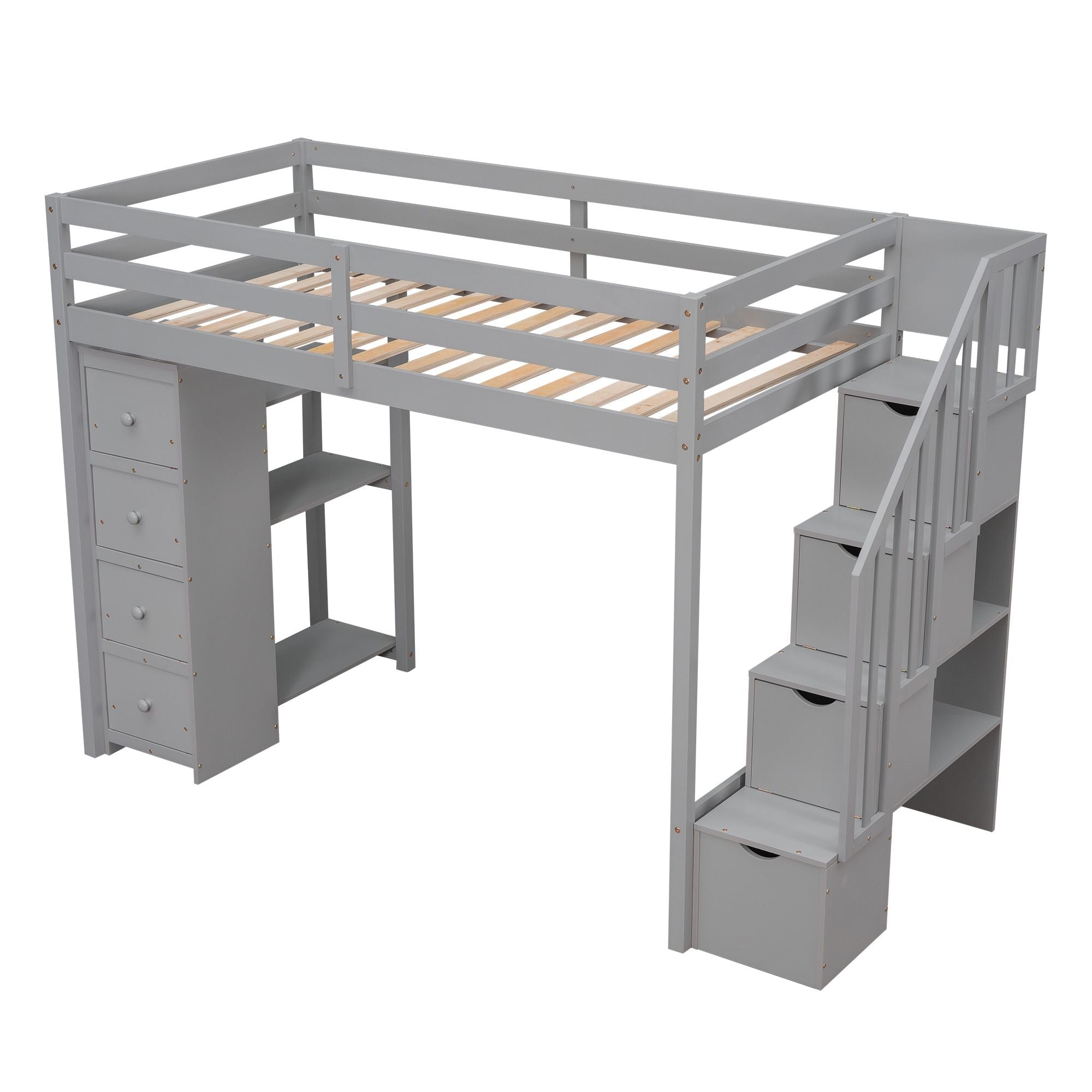Kids Shared Room Twin Wood Loft Bed with Storage Drawers and Stairs, Espresso, White, or Gray | Just Better Bunk Beds