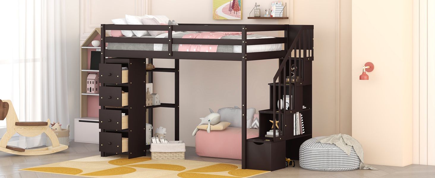 Kids Shared Room Twin Wood Loft Bed with Storage Drawers and Stairs, Espresso, White, or Gray | Just Better Bunk Beds