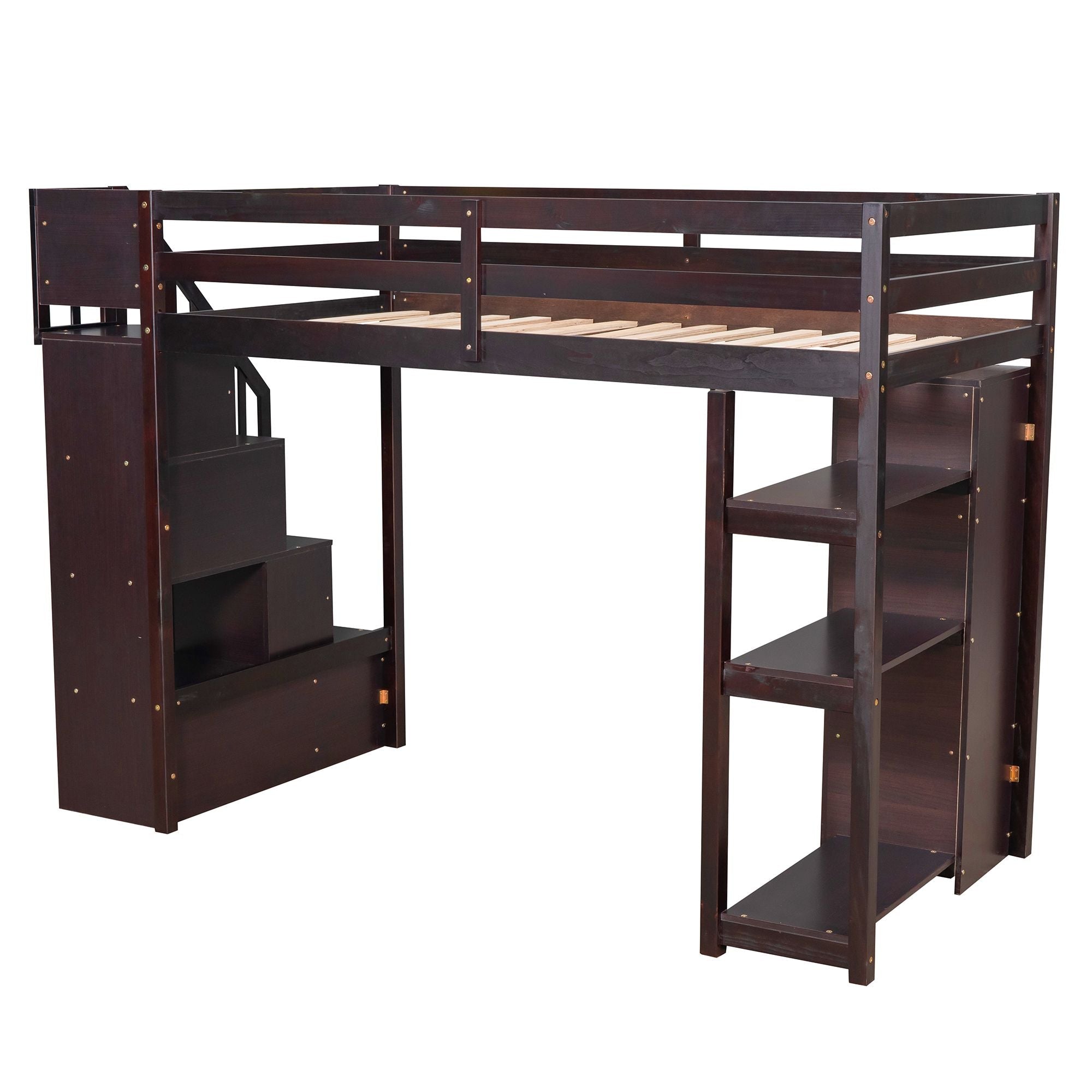 Kids Shared Room Twin Wood Loft Bed with Storage Drawers and Stairs, Espresso, White, or Gray | Just Better Bunk Beds