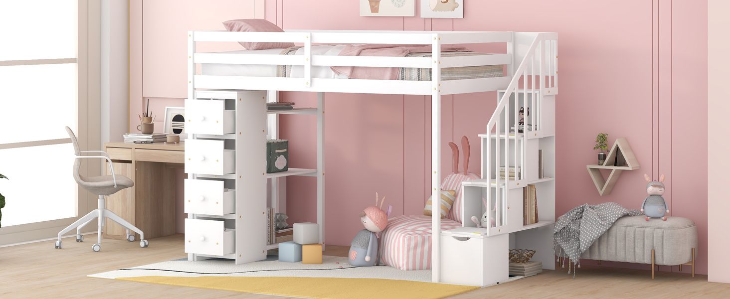 Kids Shared Room Twin Wood Loft Bed with Storage Drawers and Stairs, Espresso, White, or Gray | Just Better Bunk Beds