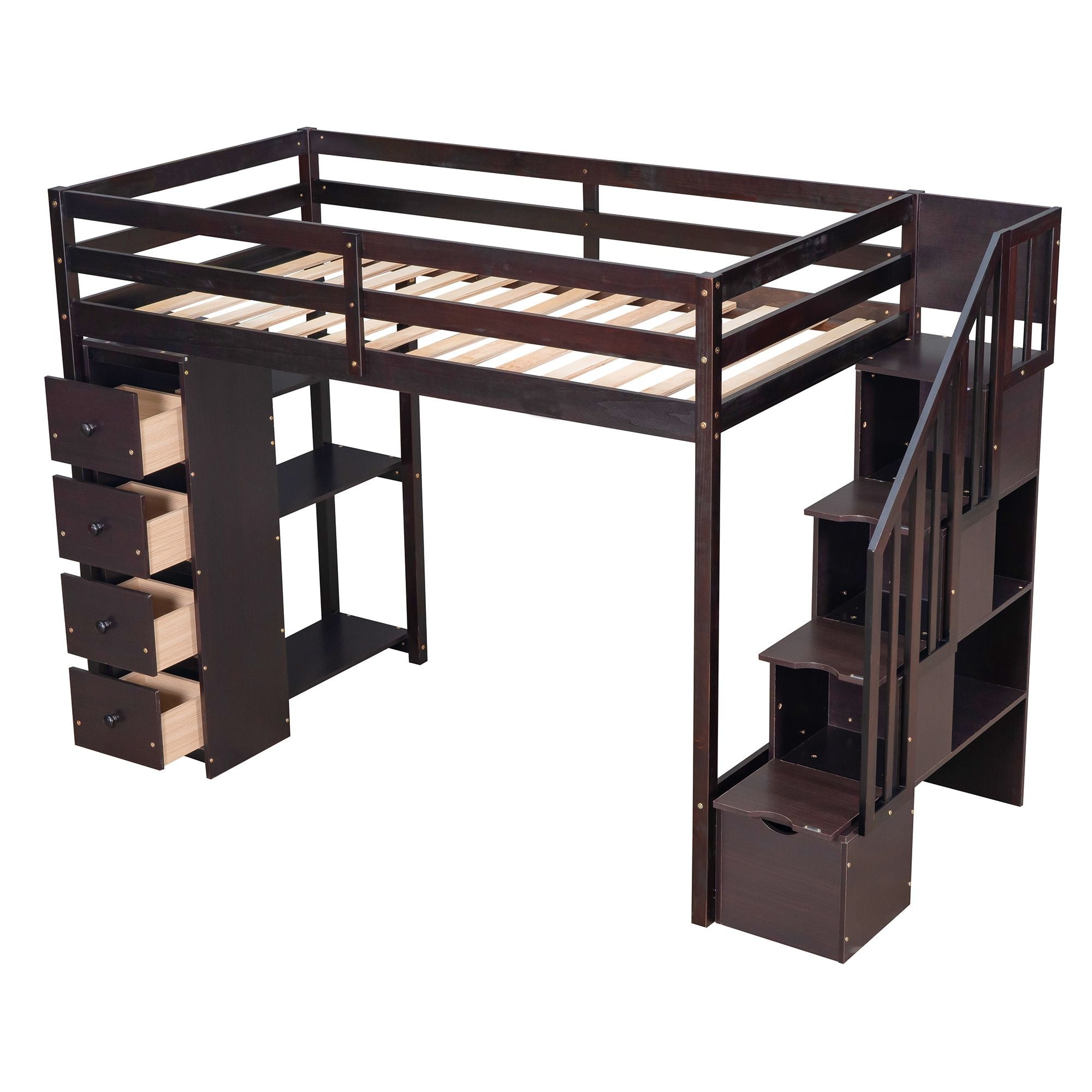Kids Shared Room Twin Wood Loft Bed with Storage Drawers and Stairs, Espresso, White, or Gray | Just Better Bunk Beds