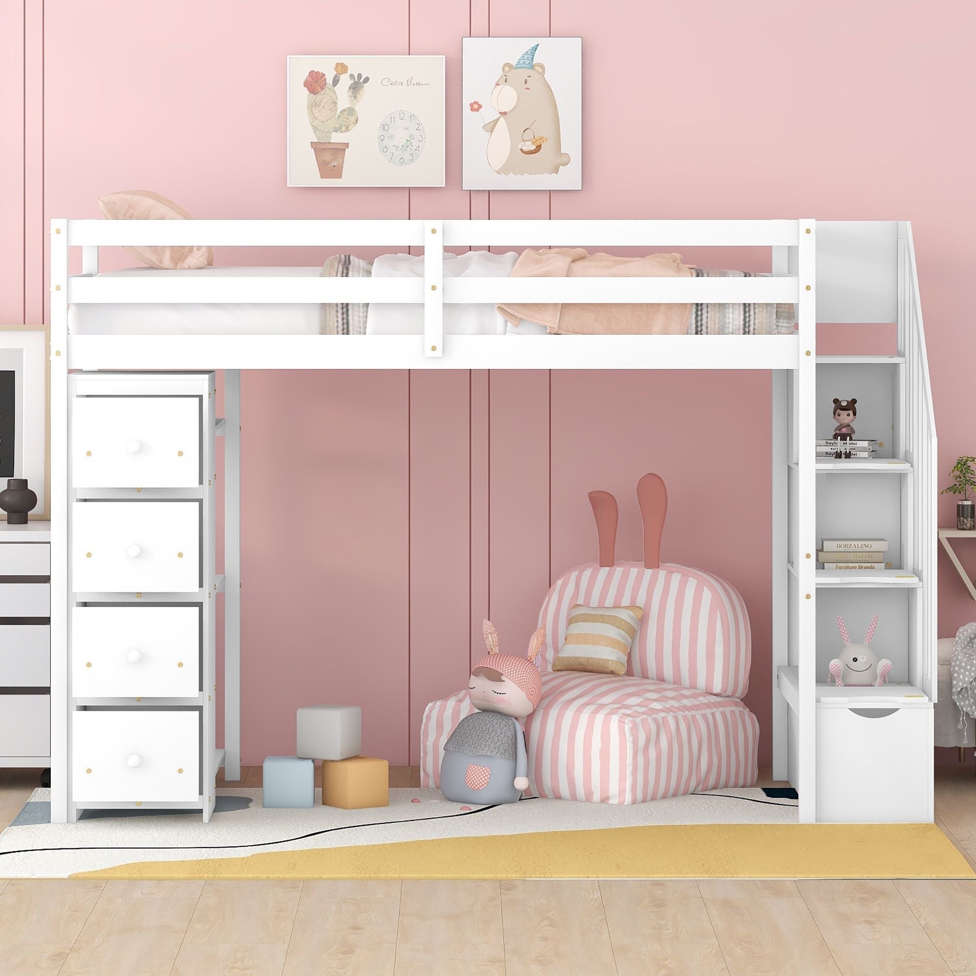 Kids Shared Room Twin Wood Loft Bed with Storage Drawers and Stairs, Espresso, White, or Gray | Just Better Bunk Beds