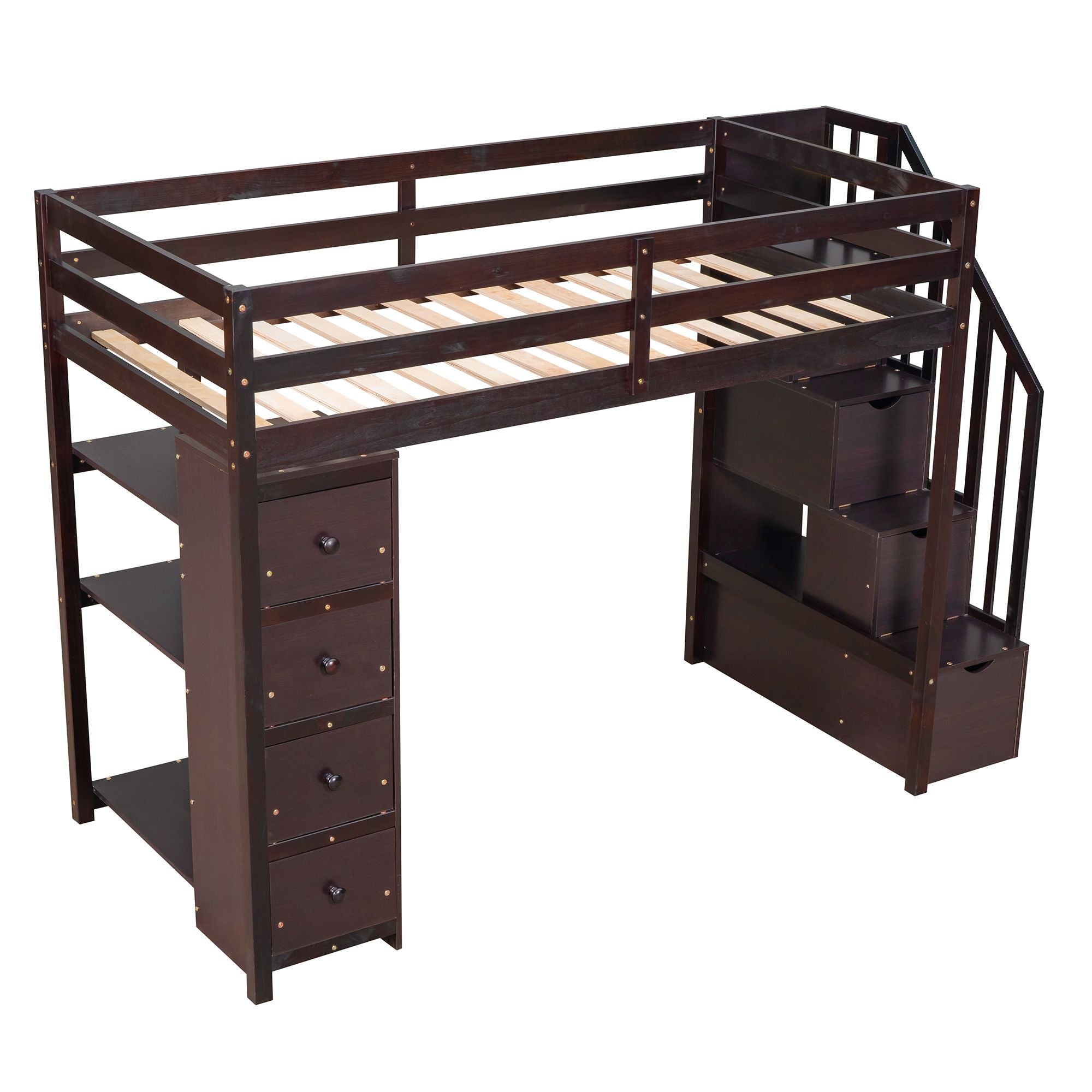 Kids Shared Room Twin Wood Loft Bed with Storage Drawers and Stairs, Espresso, White, or Gray | Just Better Bunk Beds