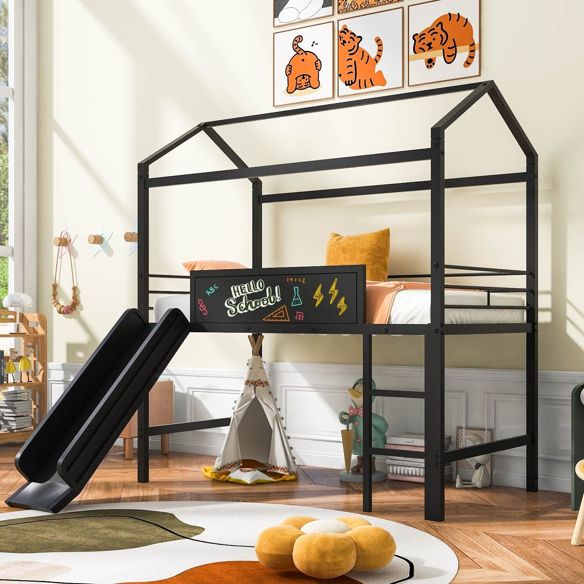 Kids Twin Loft Bed with Slide, Black Metal House Frame and Writable Wooden Board | Just Better Bunk Beds