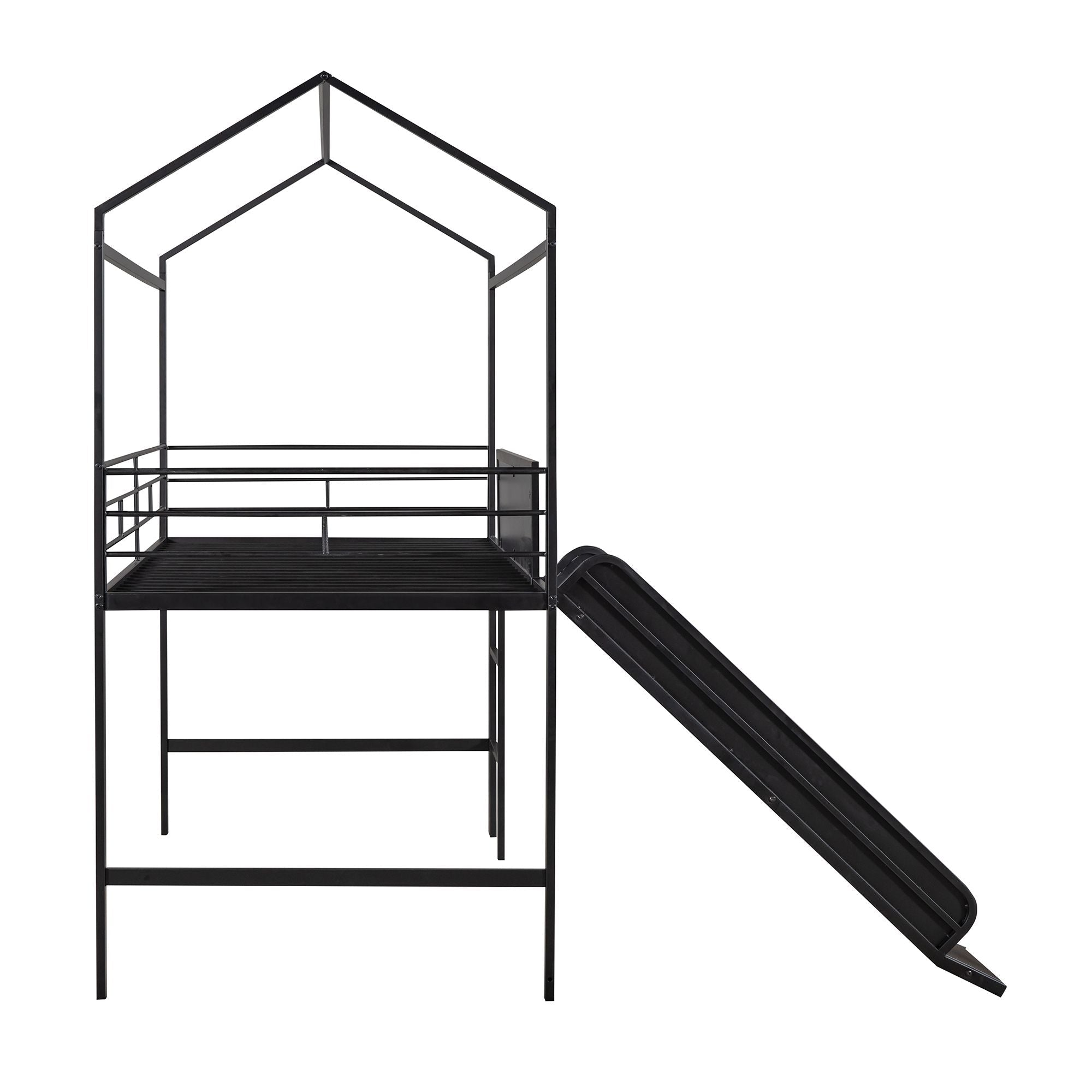 Kids Twin Loft Bed with Slide, Black Metal House Frame and Writable Wooden Board | Just Better Bunk Beds