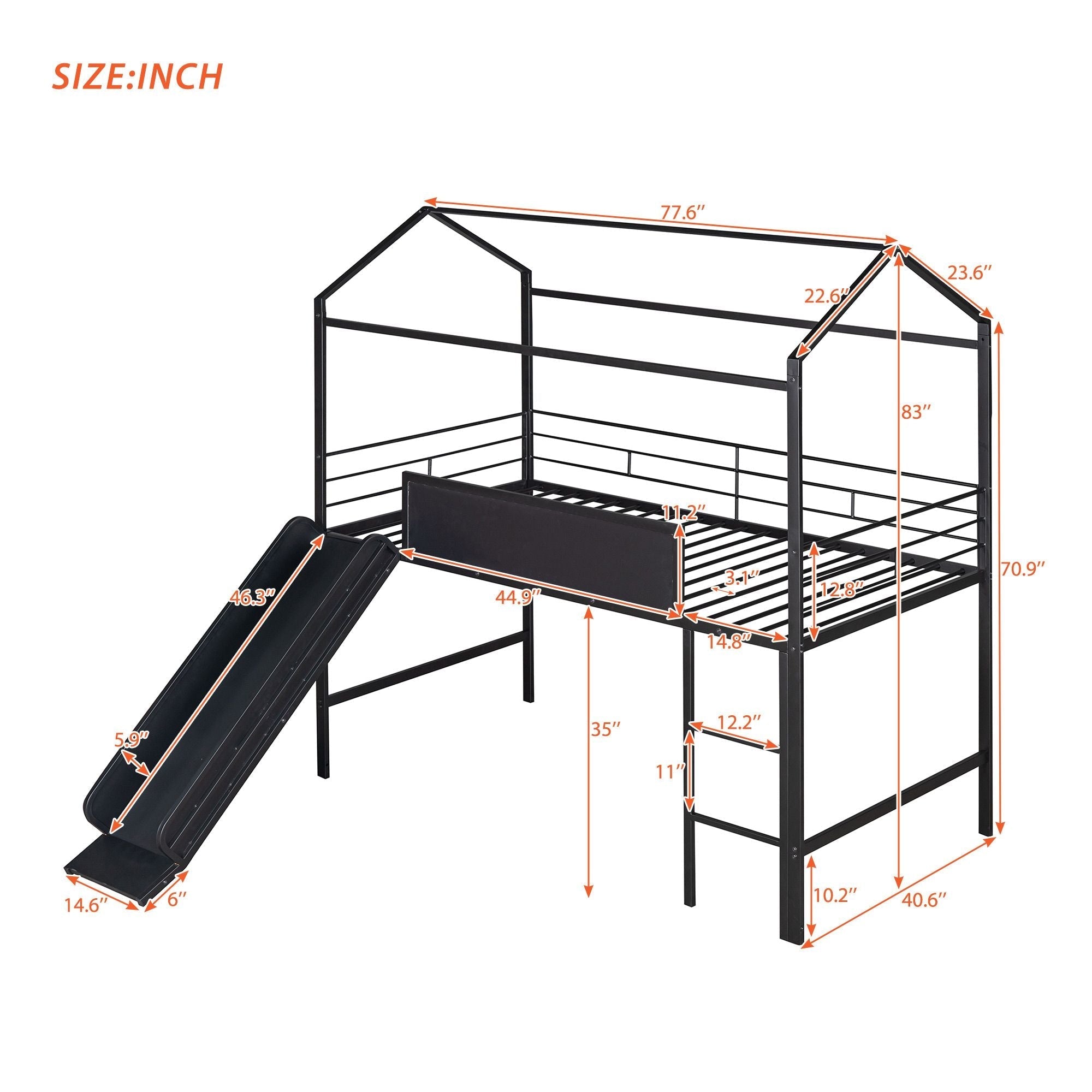 Kids Twin Loft Bed with Slide, Black Metal House Frame and Writable Wooden Board | Just Better Bunk Beds