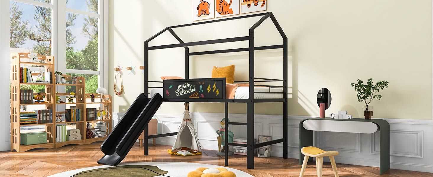 Kids Twin Loft Bed with Slide, Black Metal House Frame and Writable Wooden Board | Just Better Bunk Beds