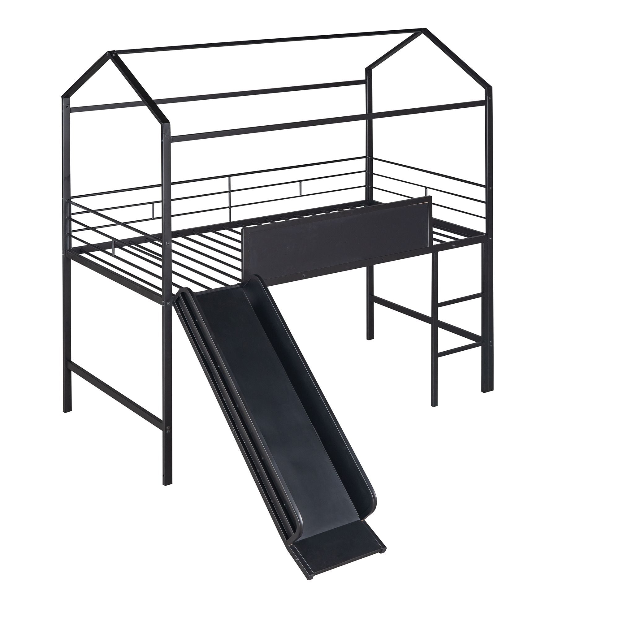 Kids Twin Loft Bed with Slide, Black Metal House Frame and Writable Wooden Board | Just Better Bunk Beds
