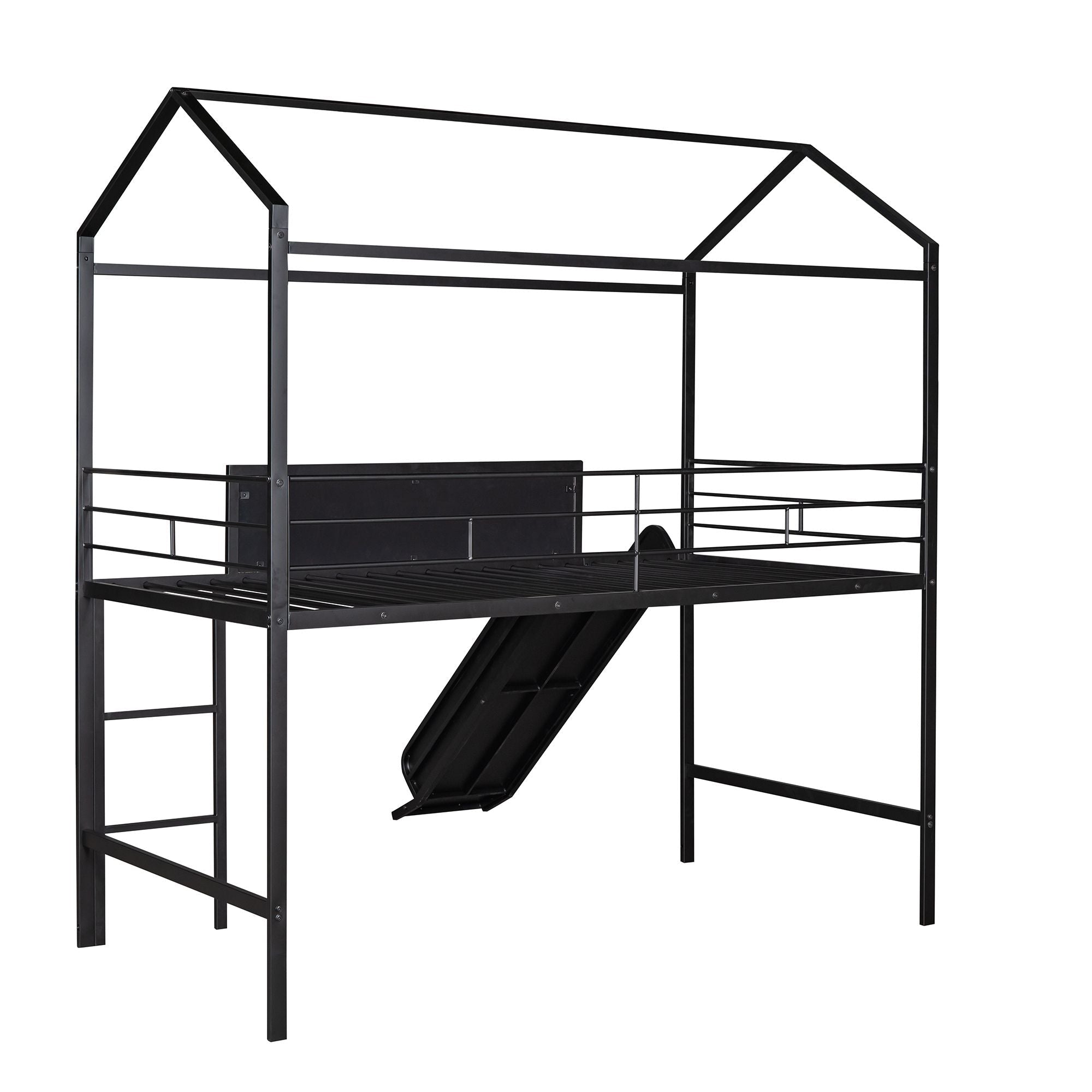Kids Twin Loft Bed with Slide, Black Metal House Frame and Writable Wooden Board | Just Better Bunk Beds