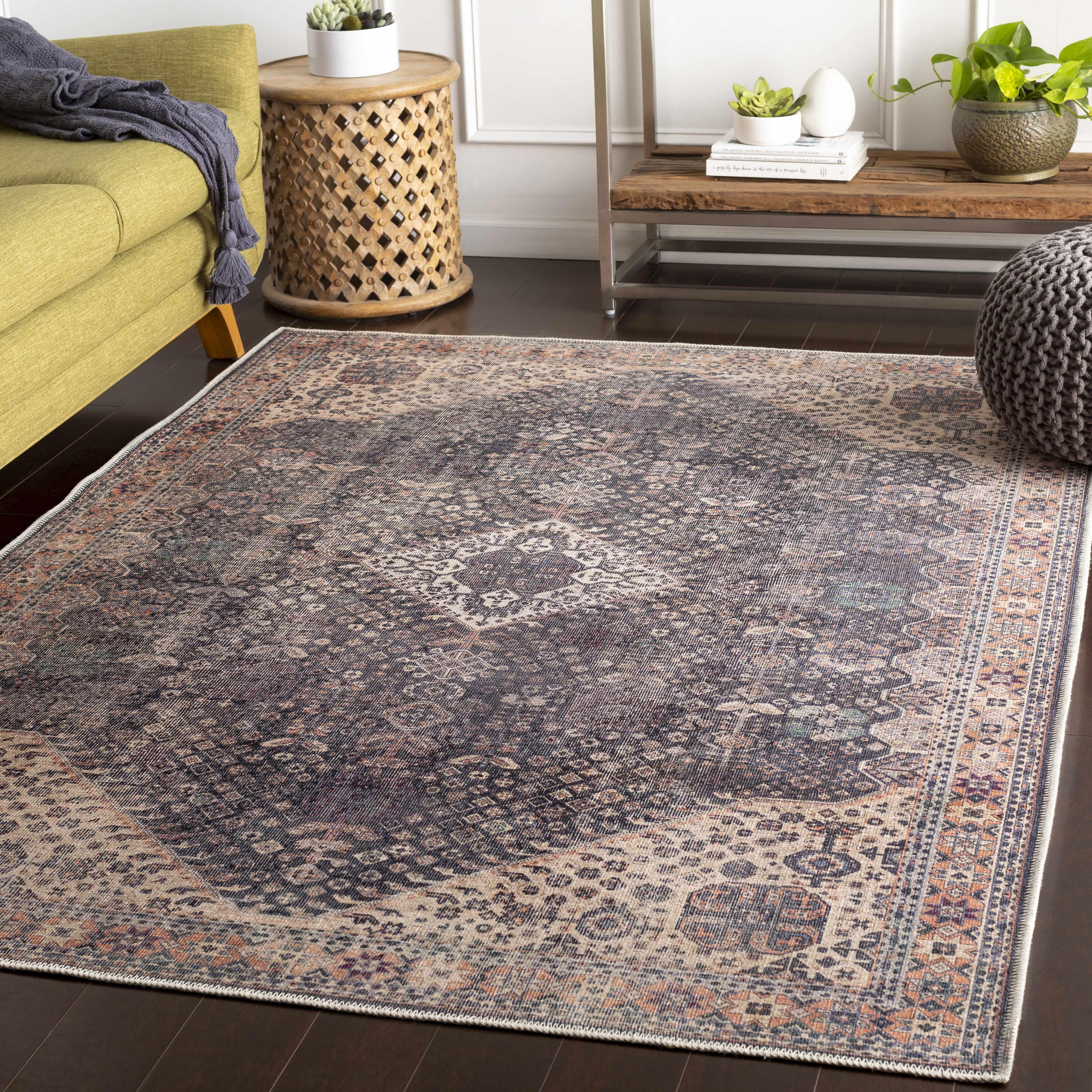 Kittrell Brown Medallion Washable Rug - PRHOMZ
