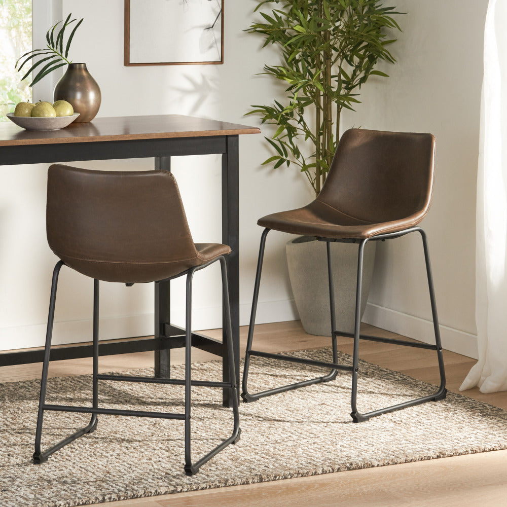 24" Vintage Brown Counter Stools with Wide Seat & Low Footrail | Set of 2 Upholstered Stools with Black Iron Frame