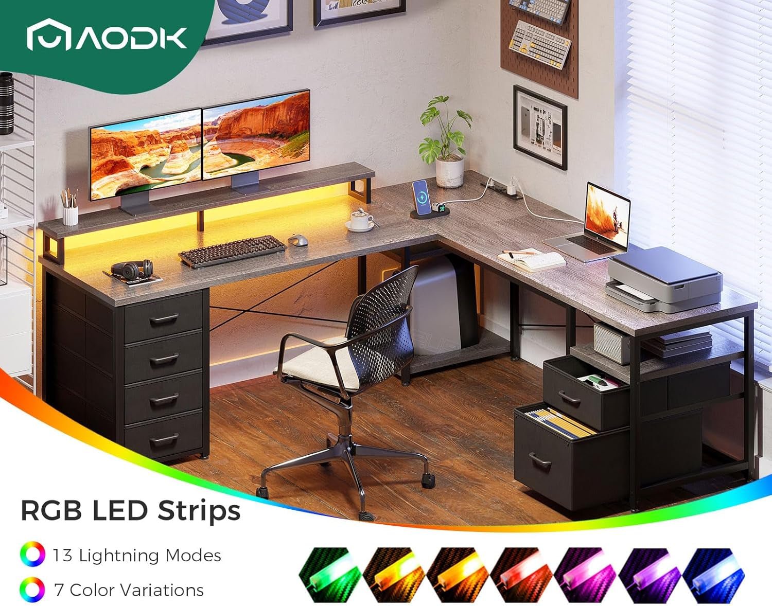 L Shaped Computer Desk with File Cabinet and LED Light