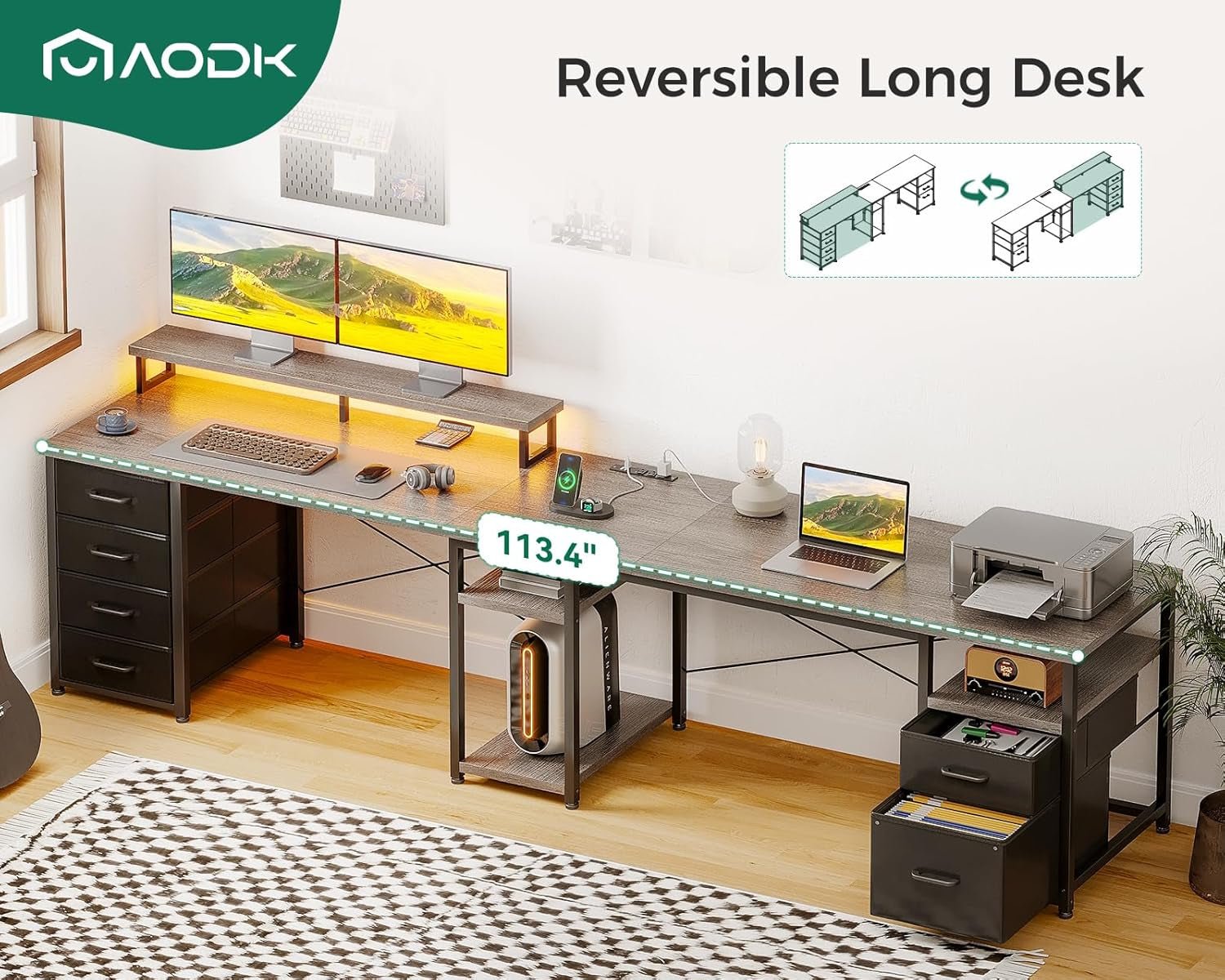 L Shaped Computer Desk with File Cabinet and LED Light