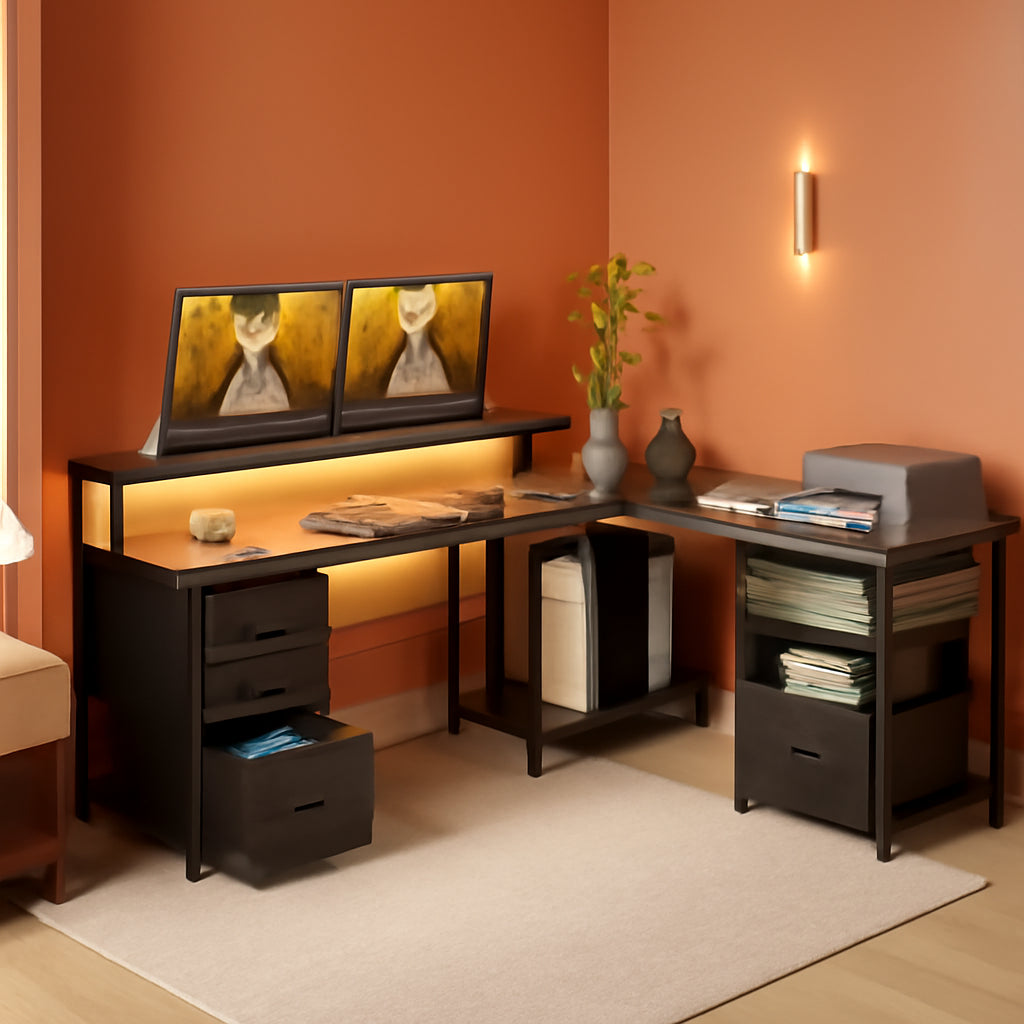 L Shaped Computer Desk with File Cabinet and LED Light