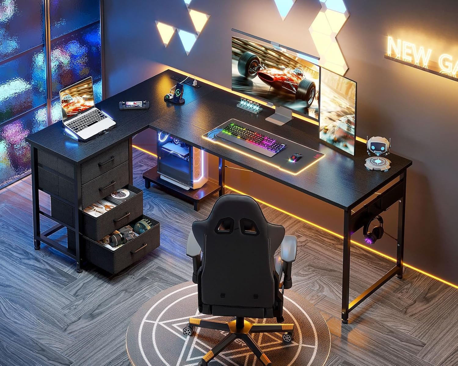 L Shaped Gaming Desk 61 Inch With Built In Power Outlets