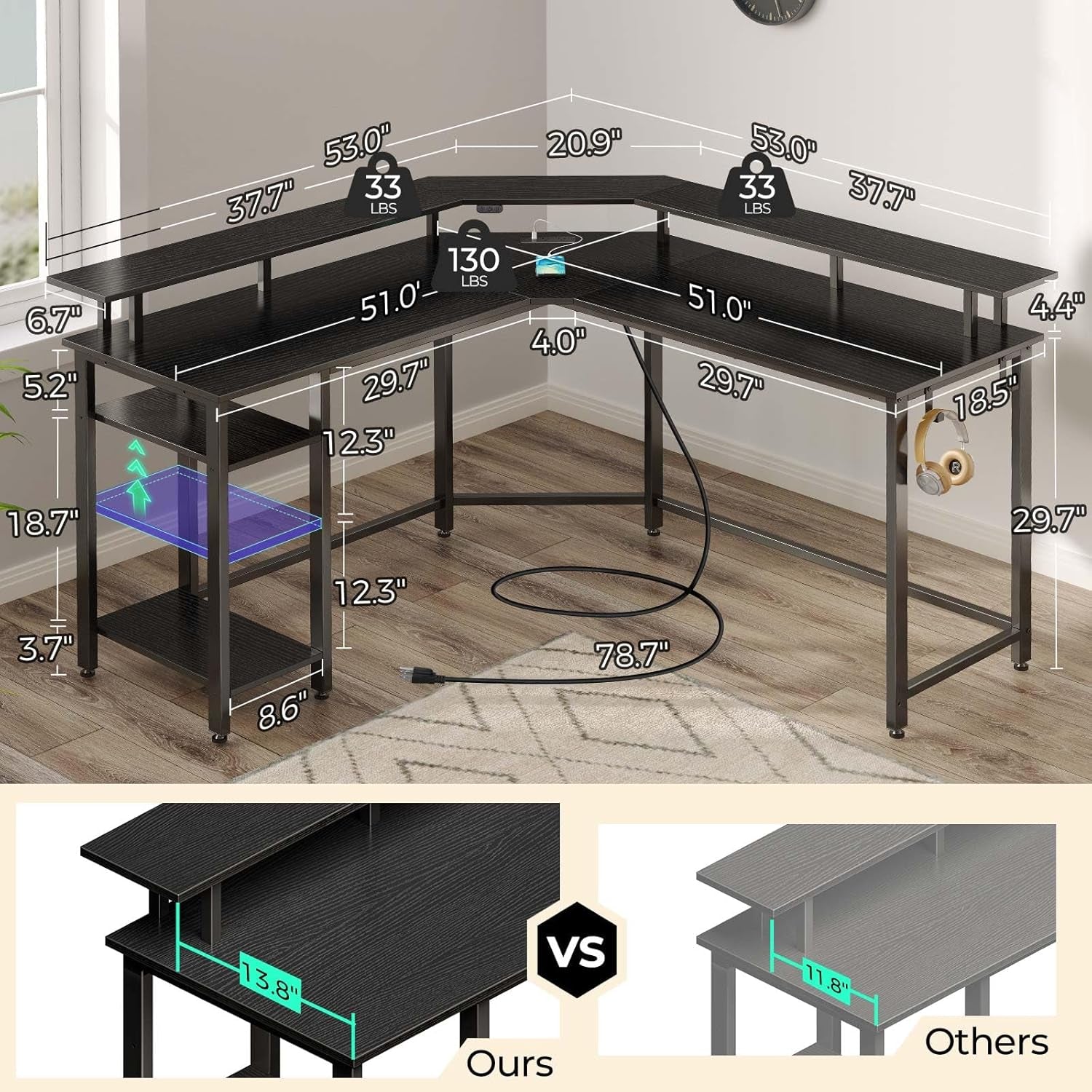 53 Inch L Shaped Gaming Desk With LED Light Kit And Outlets