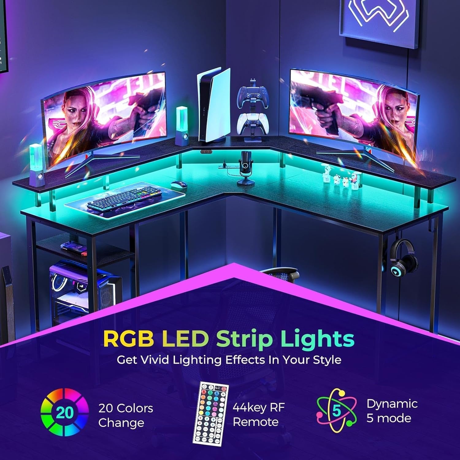 53 Inch L Shaped Gaming Desk With LED Light Kit And Outlets