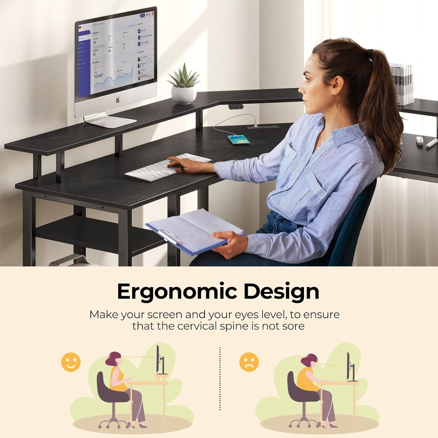 53 Inch L Shaped Gaming Desk With LED Light Kit And Outlets