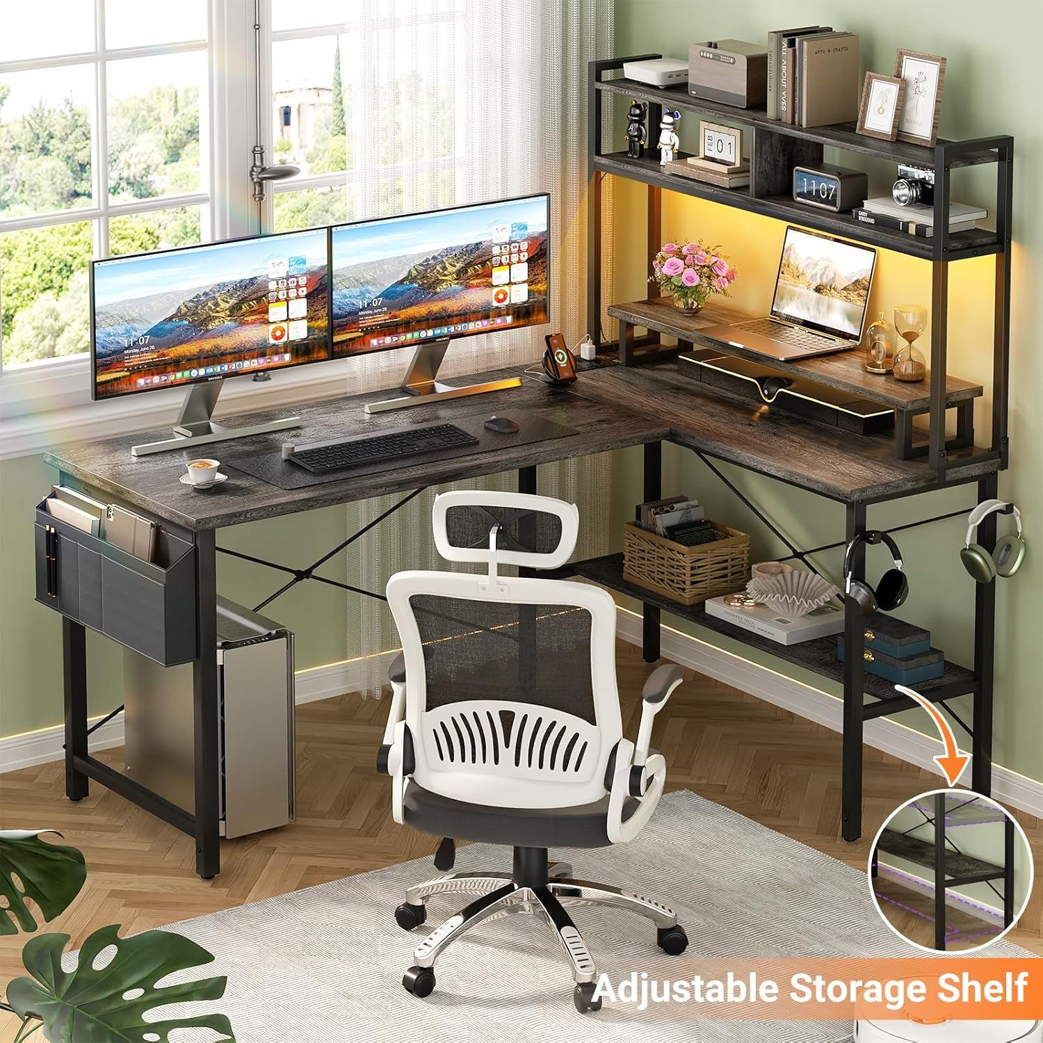 L Shaped Gaming Desk With Power Outlets And Grey Oak