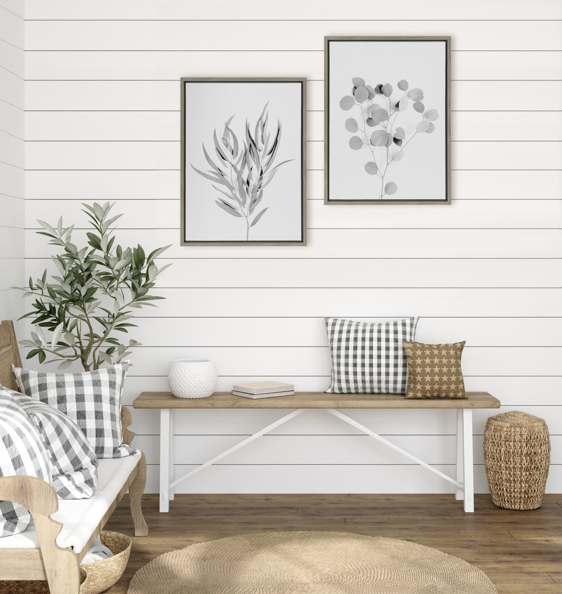 Sylvie Neutral Botanical 1 and 2 Soft White Framed Canvas by The Creative Bunch Studio