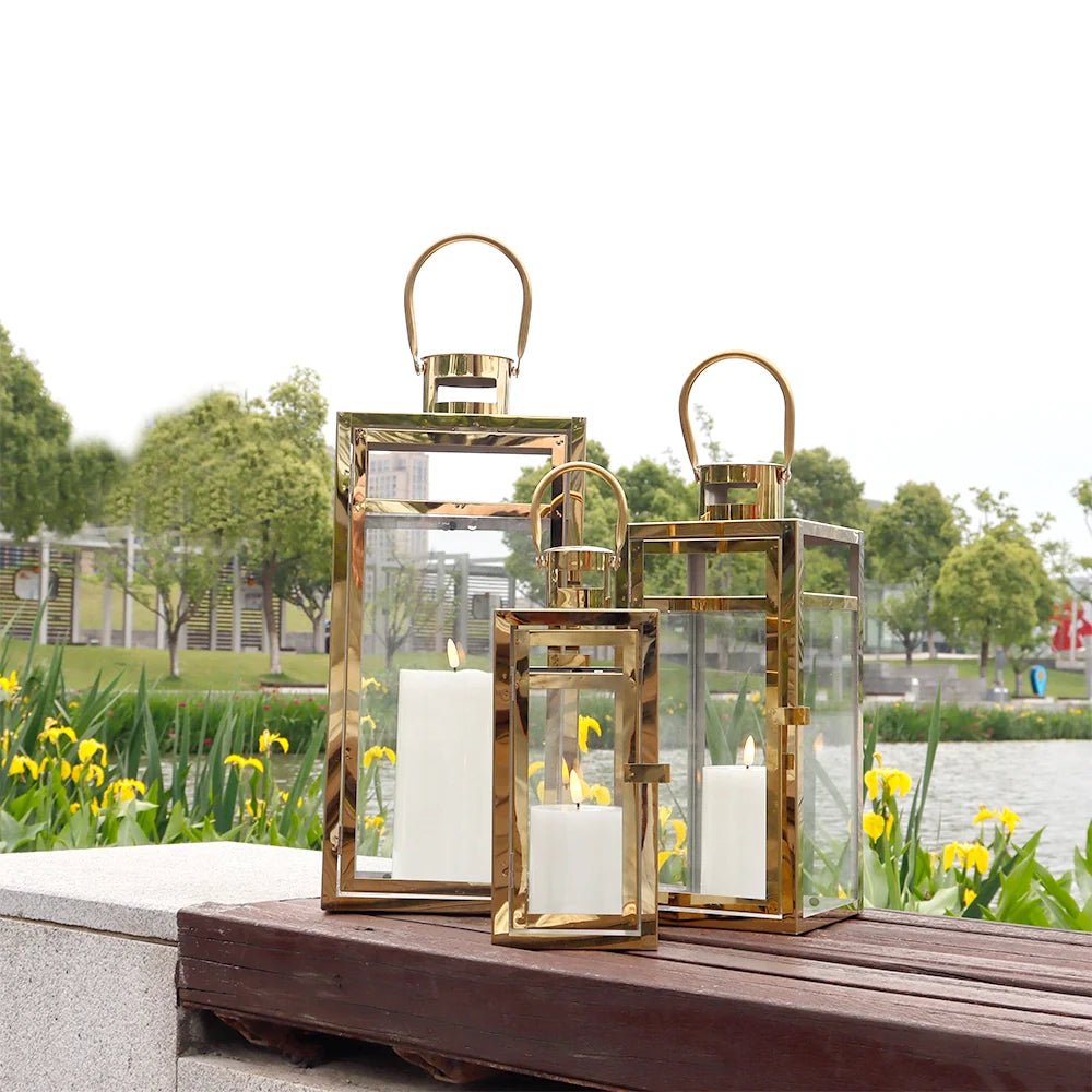 Set of 3 Stainless Steel Lantern (12/15/19'') -Gold