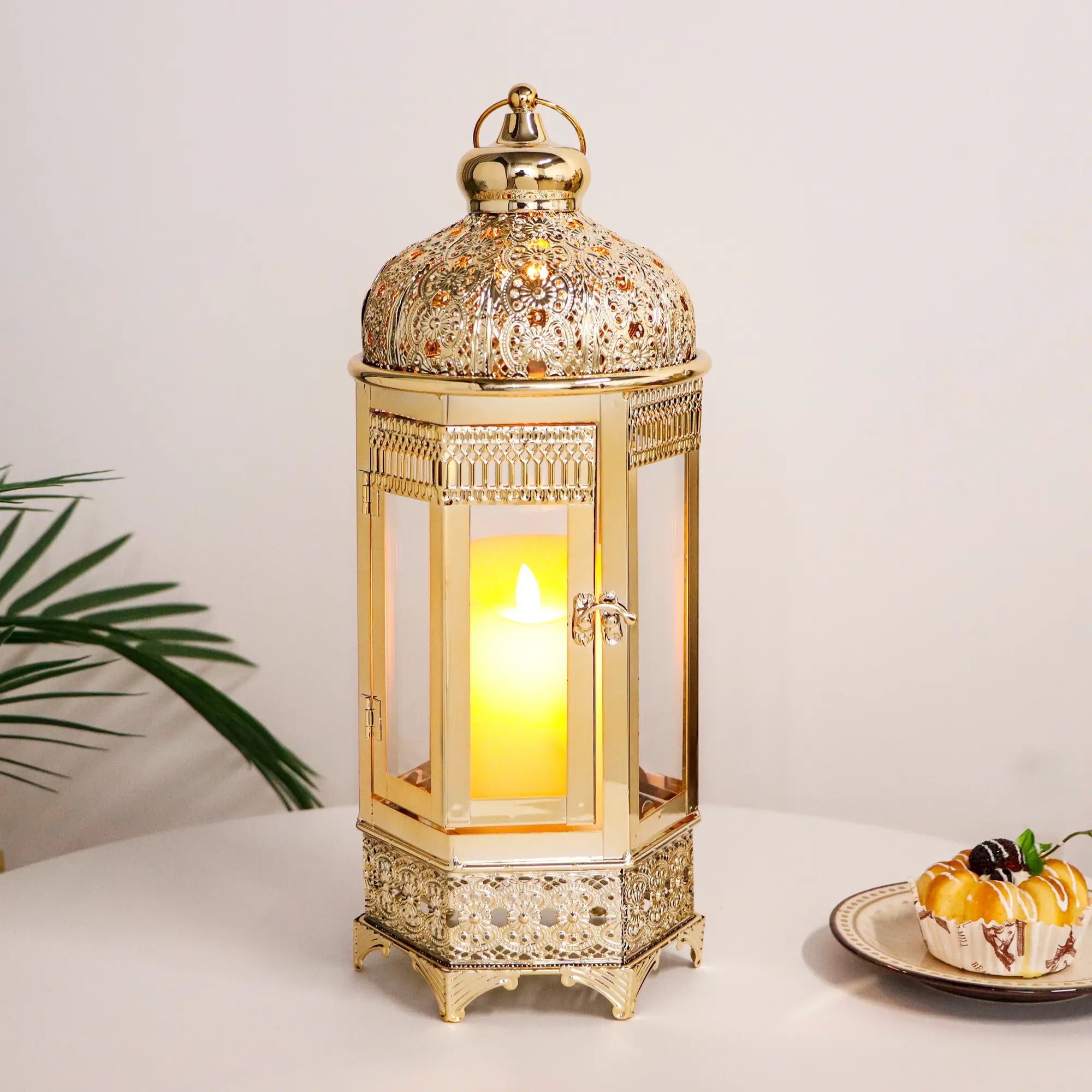 Moroccan Candle Lantern 16'' Gold Hexagonal Candle Holder-0