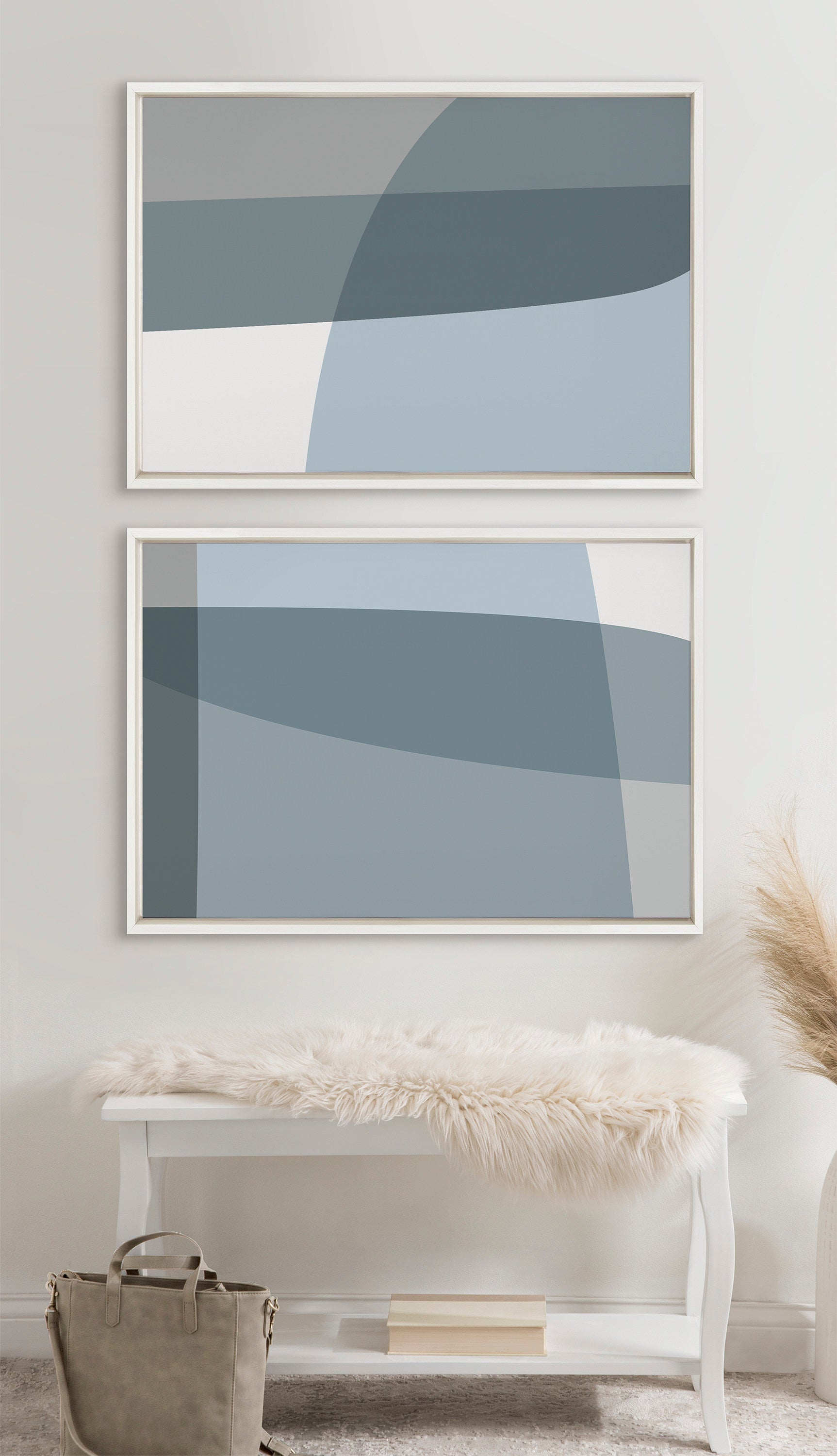 Sylvie Zen Abstract Blue and Gray Stones No 1 and No 2 Framed Canvas by The Creative Bunch Studio