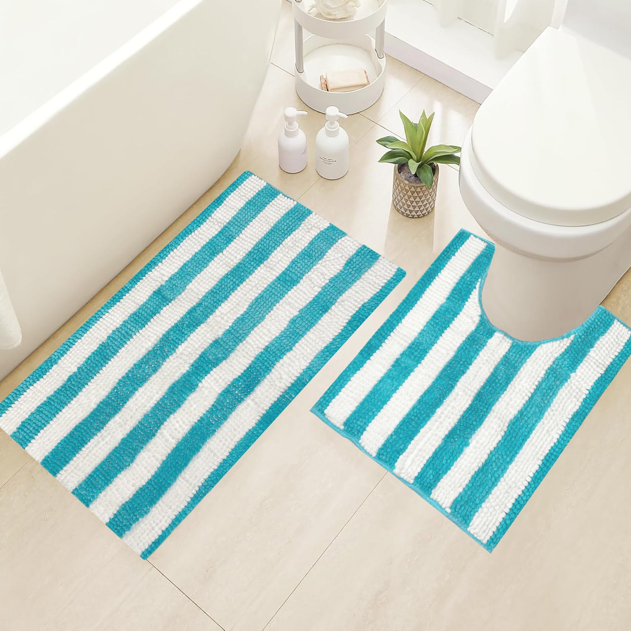 2 Piece Set Light Blue Stripe Soft Cozy Plush Chenille Bath Mat Bathroom Rug