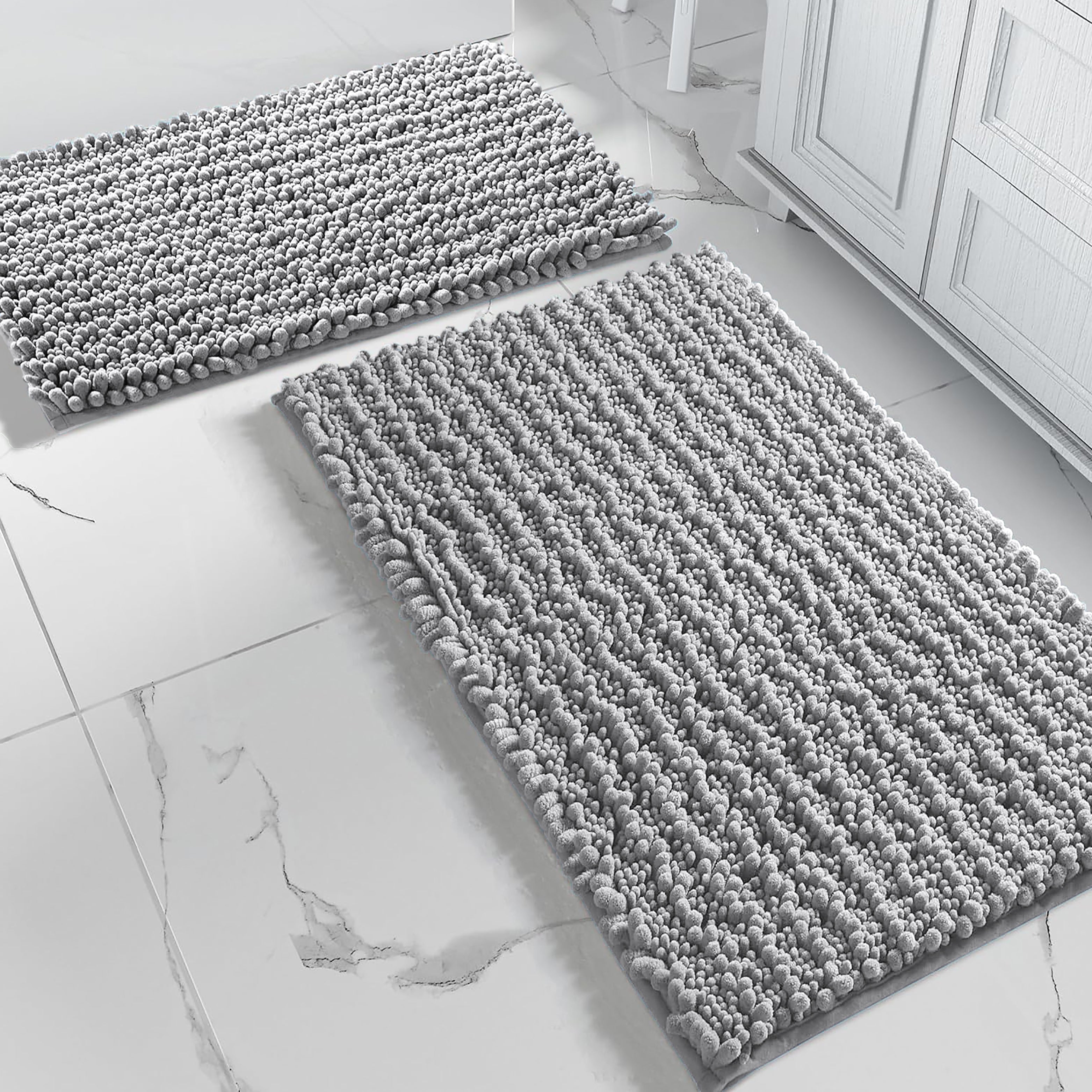 Large 2 Piece Set Light Grey Soft Cozy Plush Chenille Bath Mat Bathroom Rug