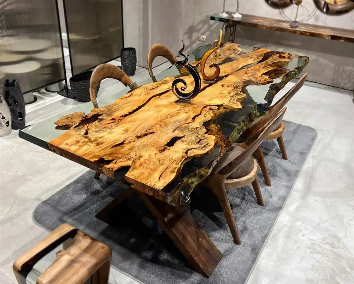 Solid Linden Wood Natural Look Epoxy Resin Side Dining Table