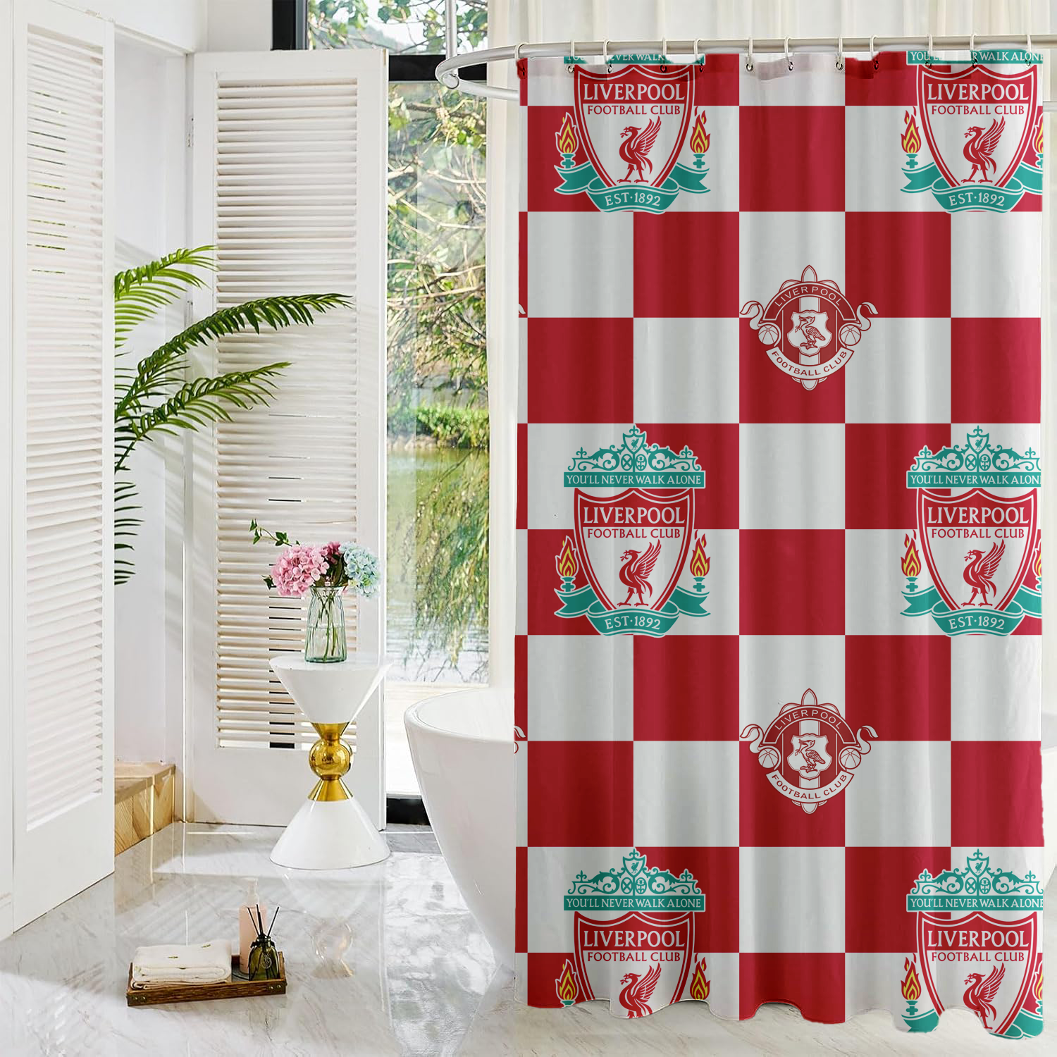 Liverpool Football Club Shower Curtain | Checkered Design | Bathroom Decor | YNWA-0